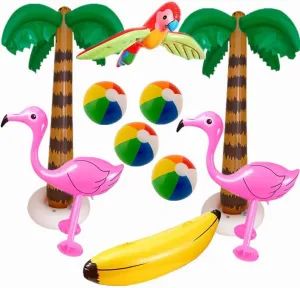 10 Pcs Hawaii Party Toy Set Inflatable Flamingo Palm Tree Beach Ball Set For Hawaiian Tropical Summer Pool Cooler Beach Party Decorations
