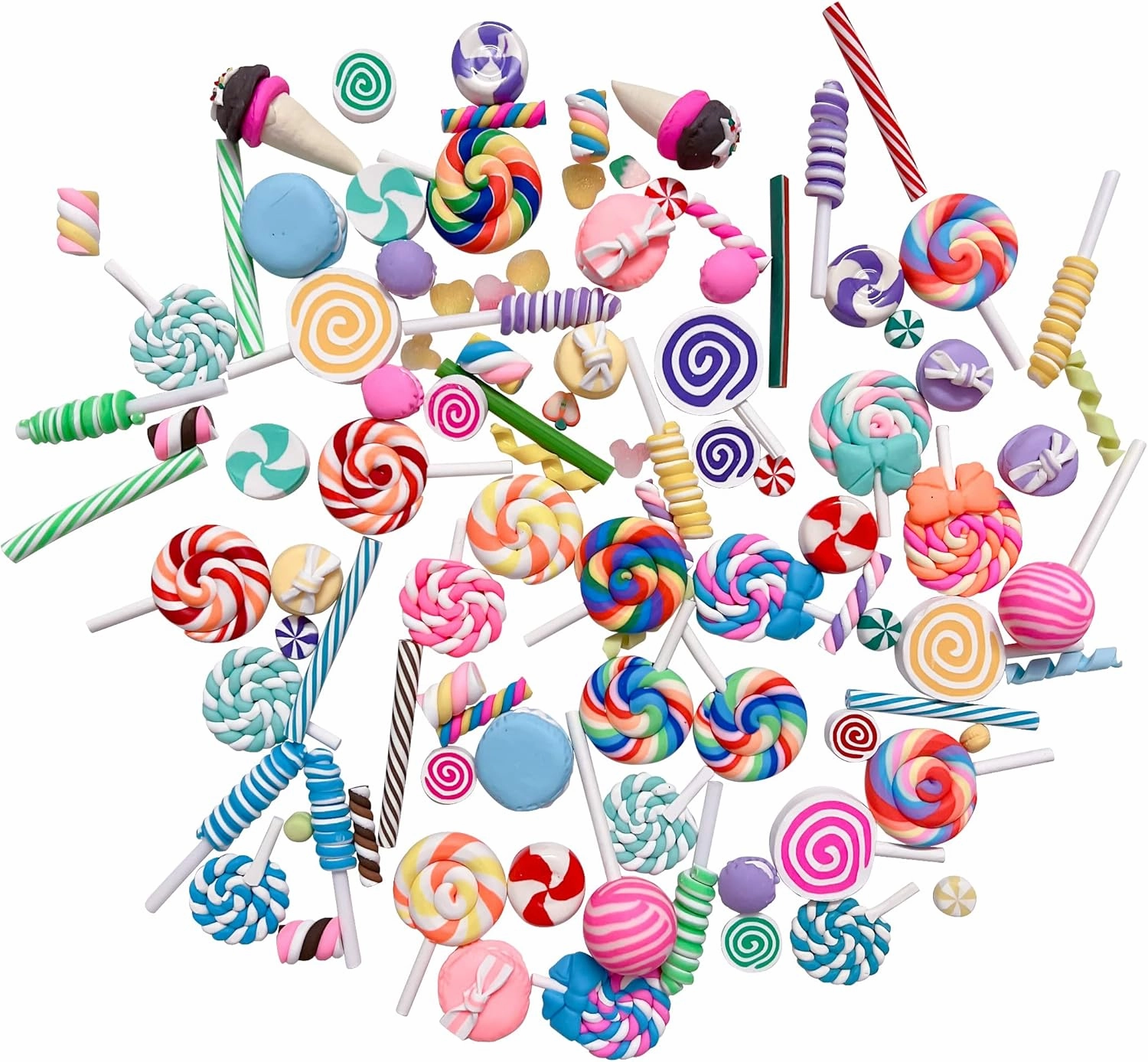 100pcs Miniature Candy Lollipop Decor Mixed Polymer Clay Sets for Childs Pretend Kitchen Play Cooking Game DIY Party Doll House Accessory