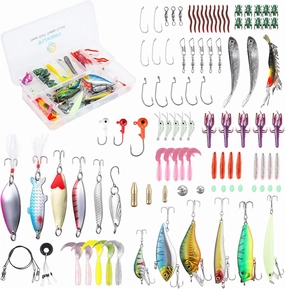 101Pcs Set Fishing Lure Kits Mixed Universal Multifunction Assorted Fishing Lure Set with Fishing Tackle Box - Including Spinners, Worm, Spoons, Hard Lure, Sinking Lures, ect TXB101-1
