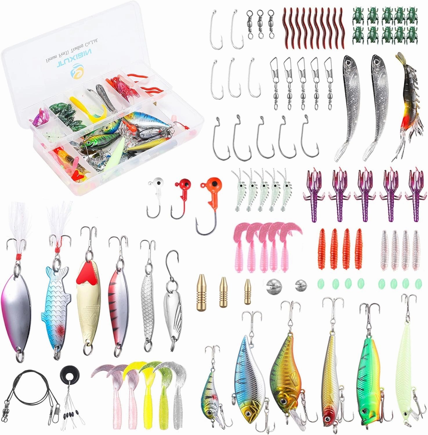 101Pcs Set Fishing Lure Kits Mixed Universal Multifunction Assorted Fishing Lure Set with Fishing Tackle Box - Including Spinners, Worm, Spoons, Hard Lure, Sinking Lures, ect TXB101-1