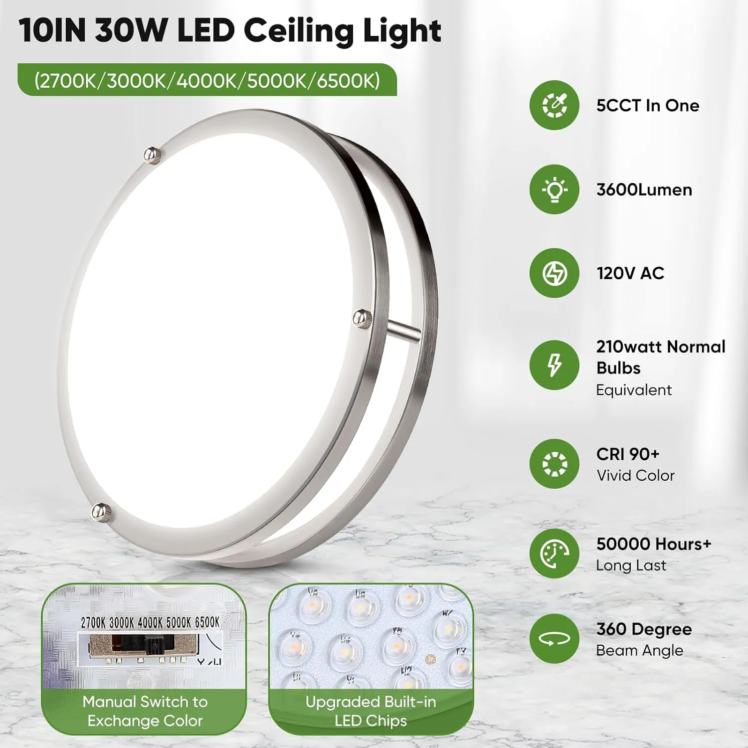 10in LED Flush Mount Ceiling Lights, 5CCT Dimmable Kitchen Light Fixtures, 2-Pack Modern LED Ceiling Lights, 3600lm Super Bright Ceiling Lights for Living room Bedroom Bathroom, Brushed Nickle, 30W
