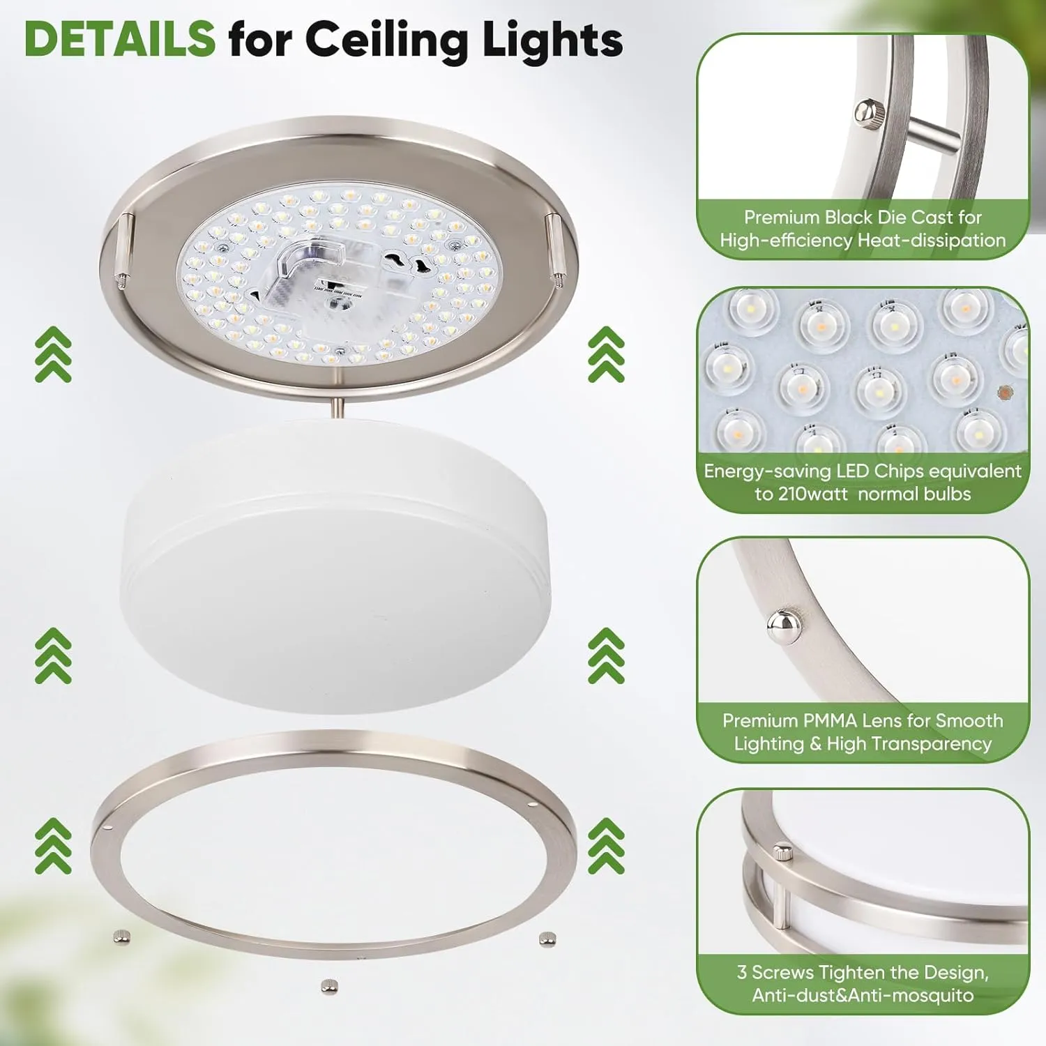 10in LED Flush Mount Ceiling Lights, 5CCT Dimmable Kitchen Light Fixtures, 2-Pack Modern LED Ceiling Lights, 3600lm Super Bright Ceiling Lights for Living room Bedroom Bathroom, Brushed Nickle, 30W