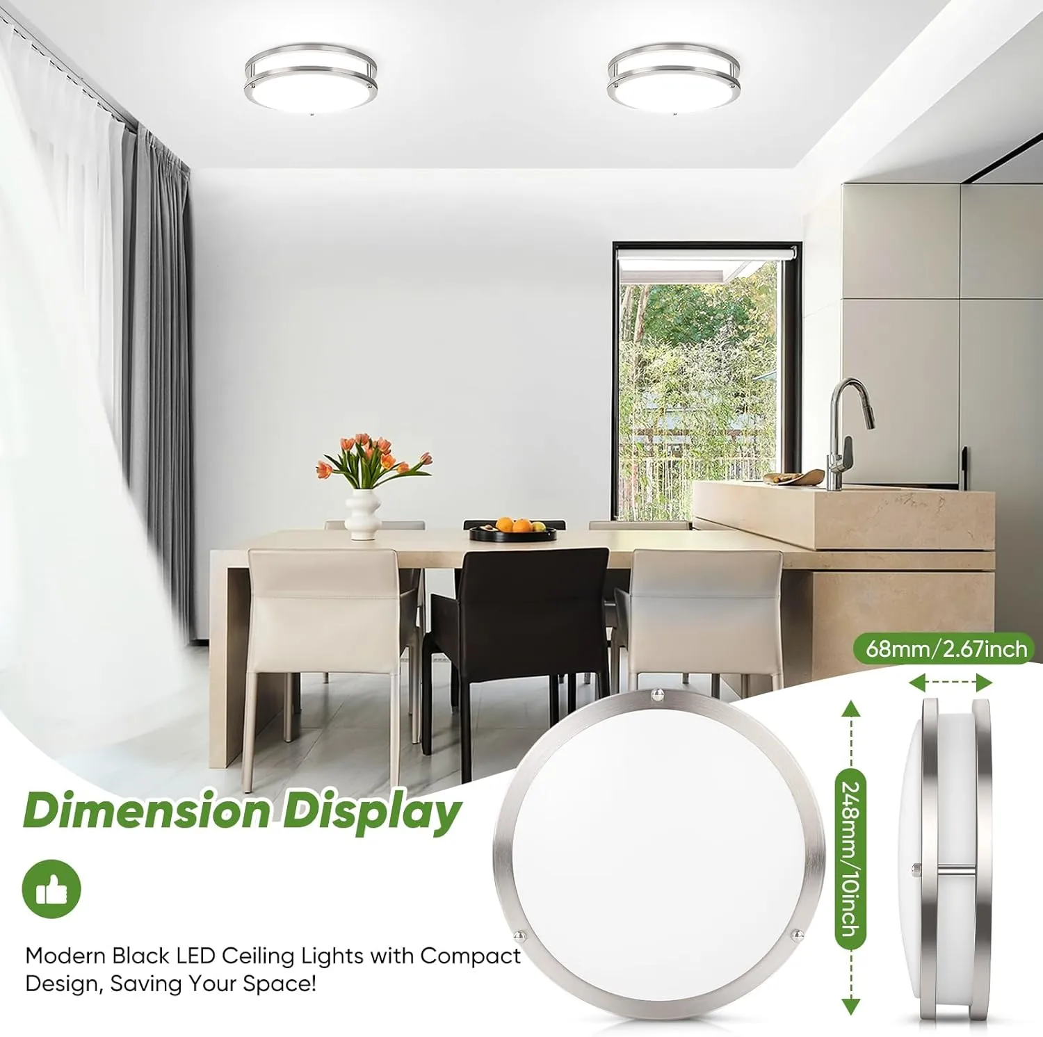 10in LED Flush Mount Ceiling Lights, 5CCT Dimmable Kitchen Light Fixtures, 2-Pack Modern LED Ceiling Lights, 3600lm Super Bright Ceiling Lights for Living room Bedroom Bathroom, Brushed Nickle, 30W