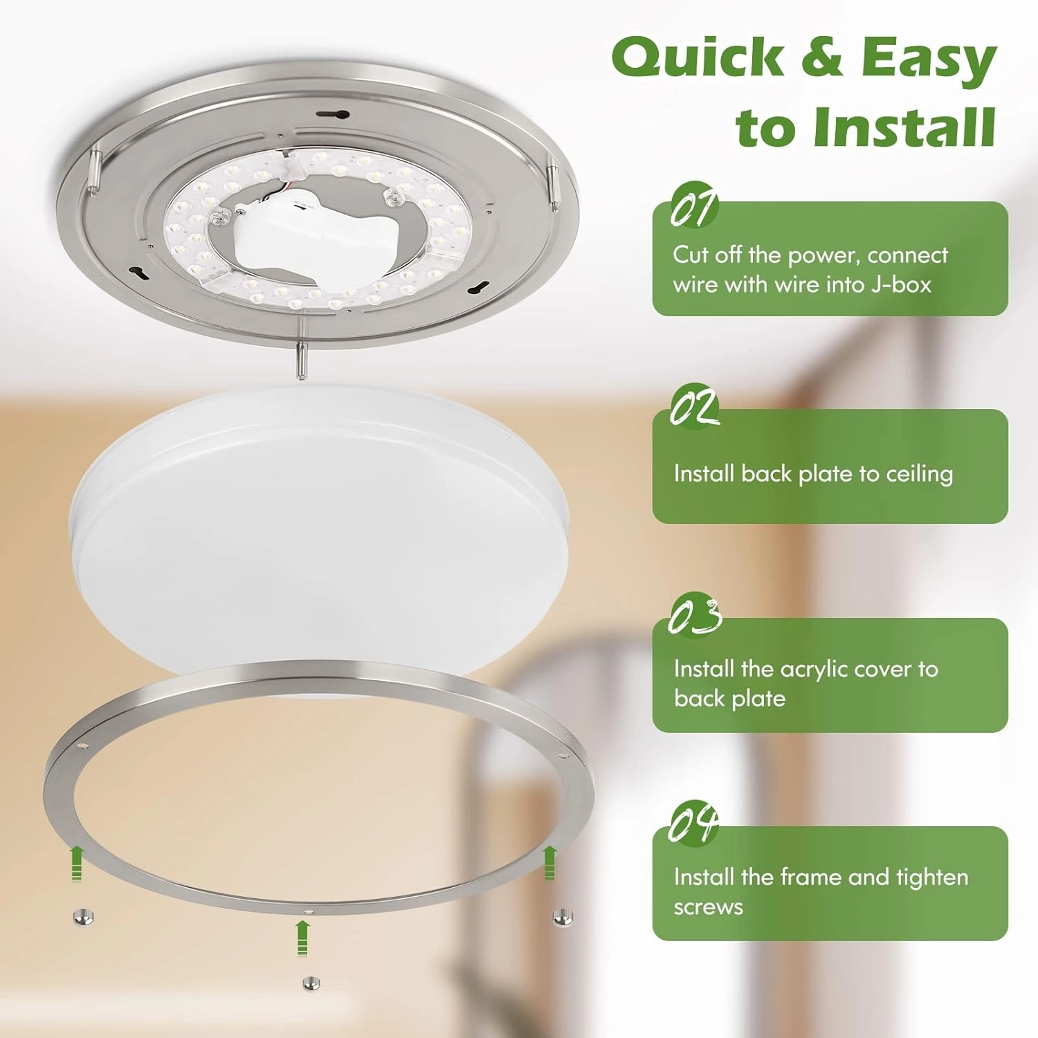 12 Inch 36W LED Ceiling Lights, 2700K/3000K/4000K/5000K/6500K Adjusted Flush Mount Ceiling Light, 3200LM Super Bright Dimmable Brushed Nickel Lighting Lamp Fixture for Bedroom Bathroom Dining, 2-Pack