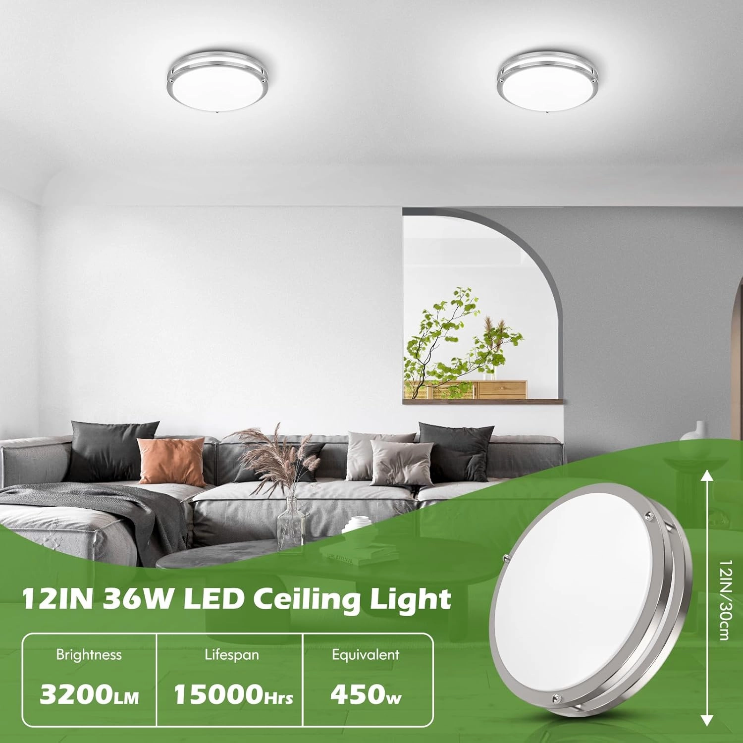 12 Inch 36W LED Ceiling Lights, 2700K/3000K/4000K/5000K/6500K Adjusted Flush Mount Ceiling Light, 3200LM Super Bright Dimmable Brushed Nickel Lighting Lamp Fixture for Bedroom Bathroom Dining, 2-Pack