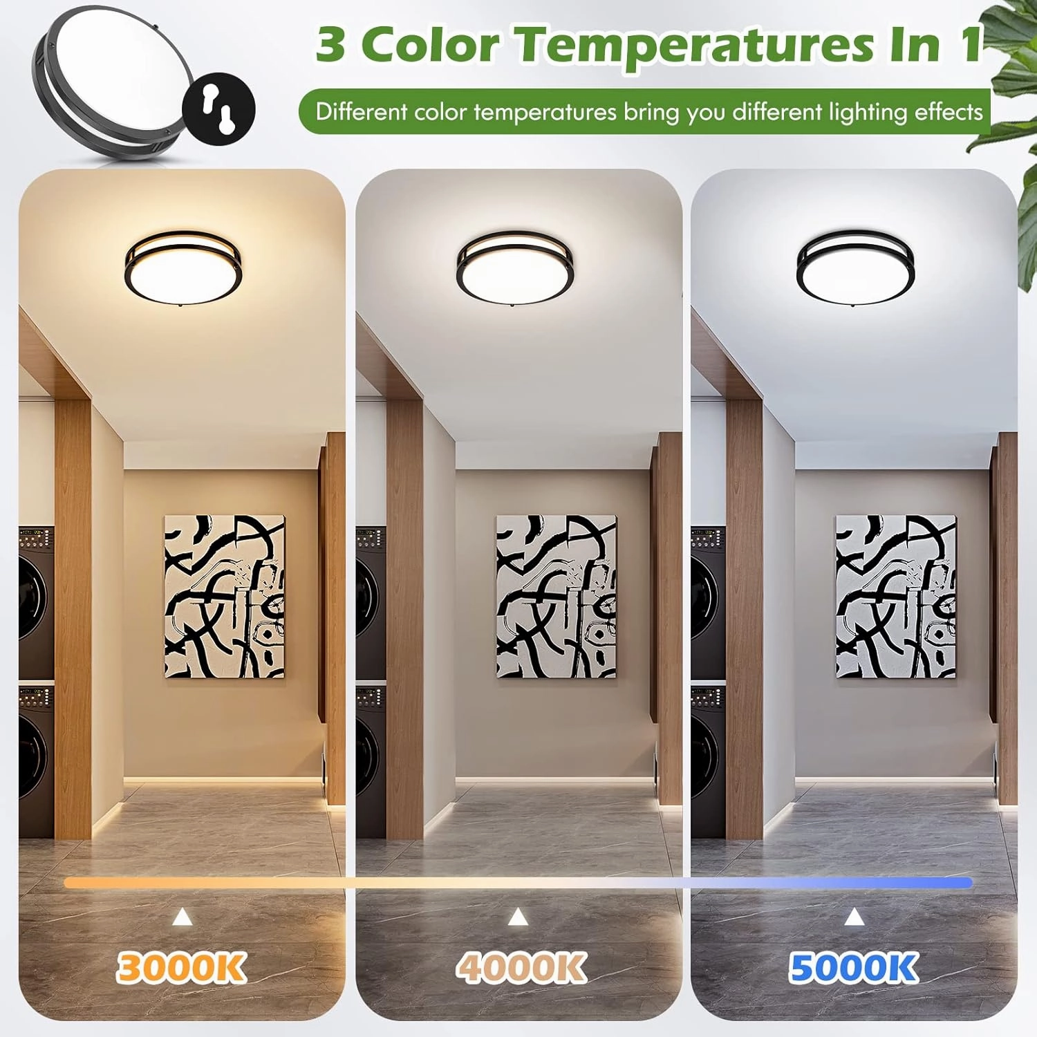 12 Inch Flush Mount Ceiling Lights, 36W 3200LM Black Dimmable Light Fixtures Ceiling Mount, 3000K-5000K Selectable Modern Kitchen Light Fixtures for Stairwell, Balcony, Corridor, Laundry (2-Pack)