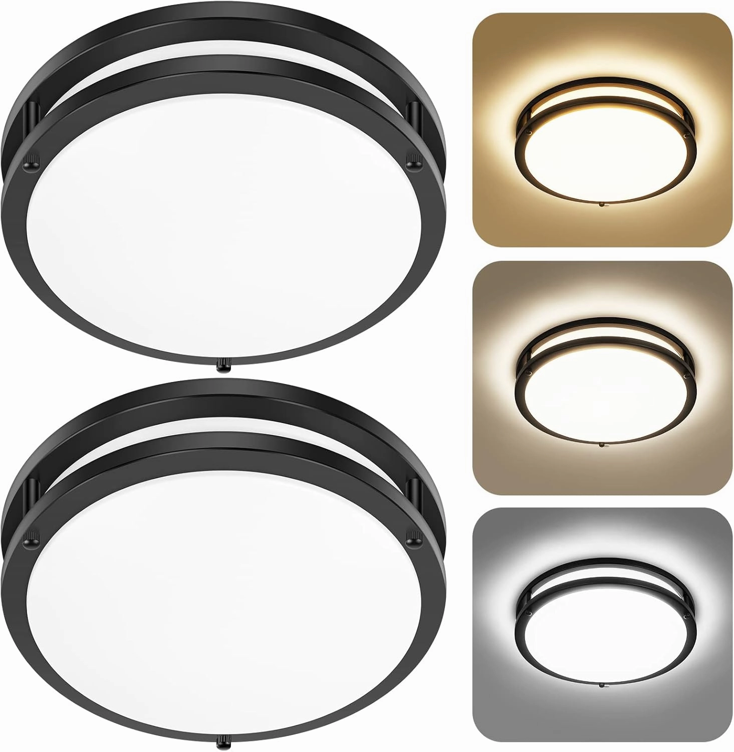 12 Inch Flush Mount Ceiling Lights, 36W 3200LM Black Dimmable Light Fixtures Ceiling Mount, 3000K-5000K Selectable Modern Kitchen Light Fixtures for Stairwell, Balcony, Corridor, Laundry (2-Pack)