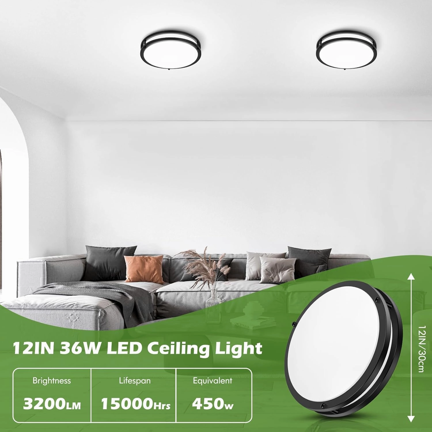 12 Inch Flush Mount Ceiling Lights, 36W 3200LM Black Dimmable Light Fixtures Ceiling Mount, 3000K-5000K Selectable Modern Kitchen Light Fixtures for Stairwell, Balcony, Corridor, Laundry (2-Pack)