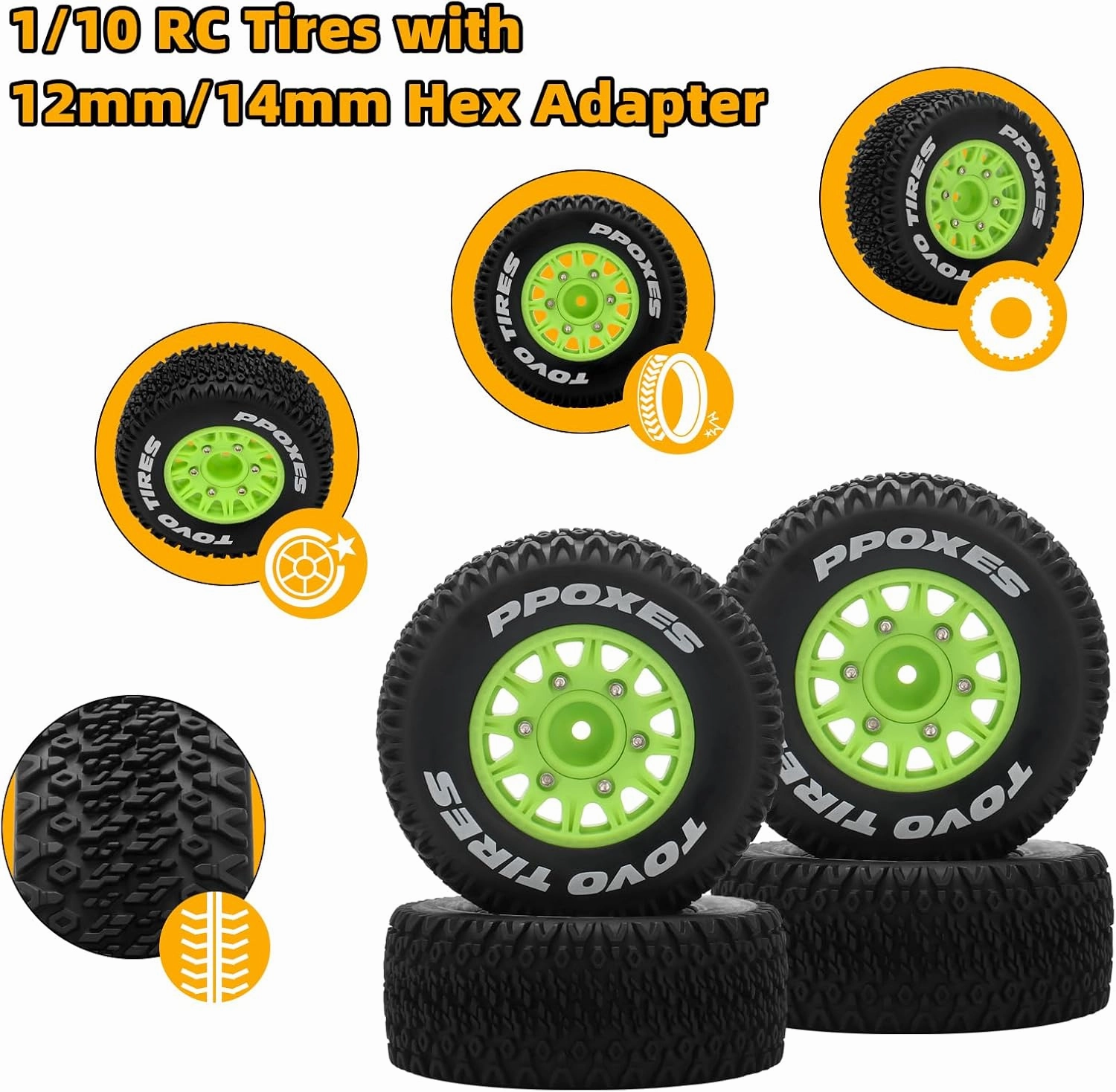 12mm/14mm/17mm Hex RC Wheels and Tires RC Truck Tires 1/10 Scale Tyres Detachable Replacement RC Car Tires for Arrma Senton Tires Slash Tires Axial Fury Redcat Rc4wd Hex (Green)