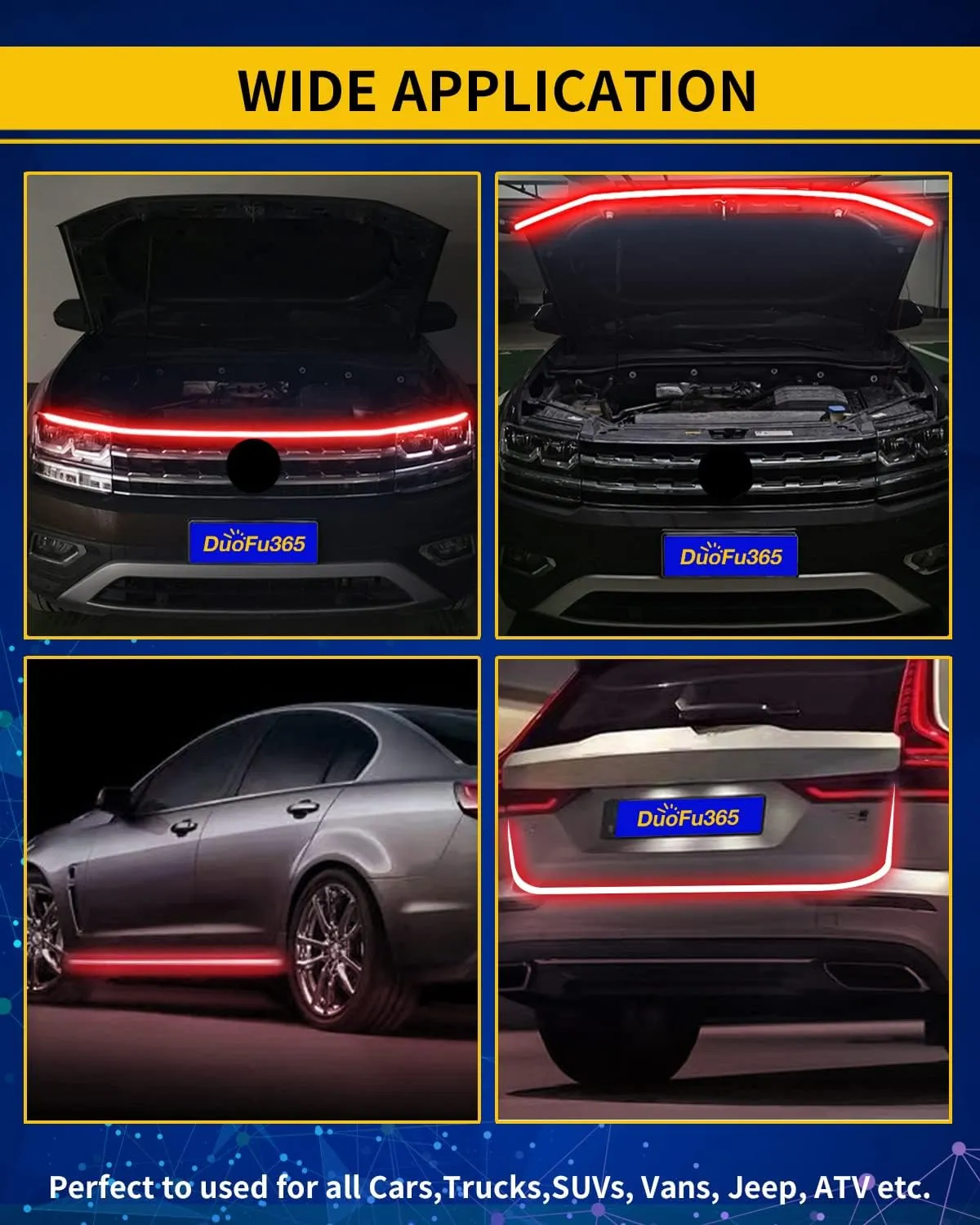 12V Car LED Hood Light Strip, 59 Inches, Waterproof, Flexible, Easy Installation, Ultra Bright, Red