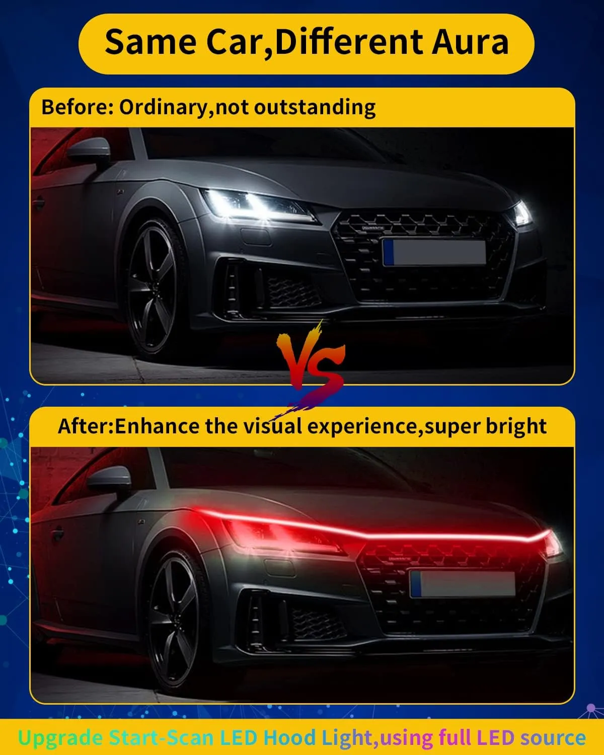 12V Car LED Hood Light Strip, 59 Inches, Waterproof, Flexible, Easy Installation, Ultra Bright, Red