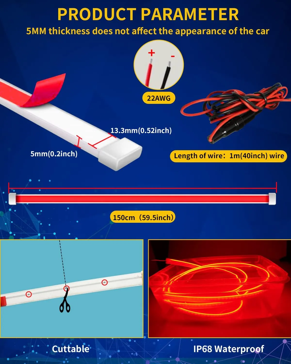 12V Car LED Hood Light Strip, 59 Inches, Waterproof, Flexible, Easy Installation, Ultra Bright, Red