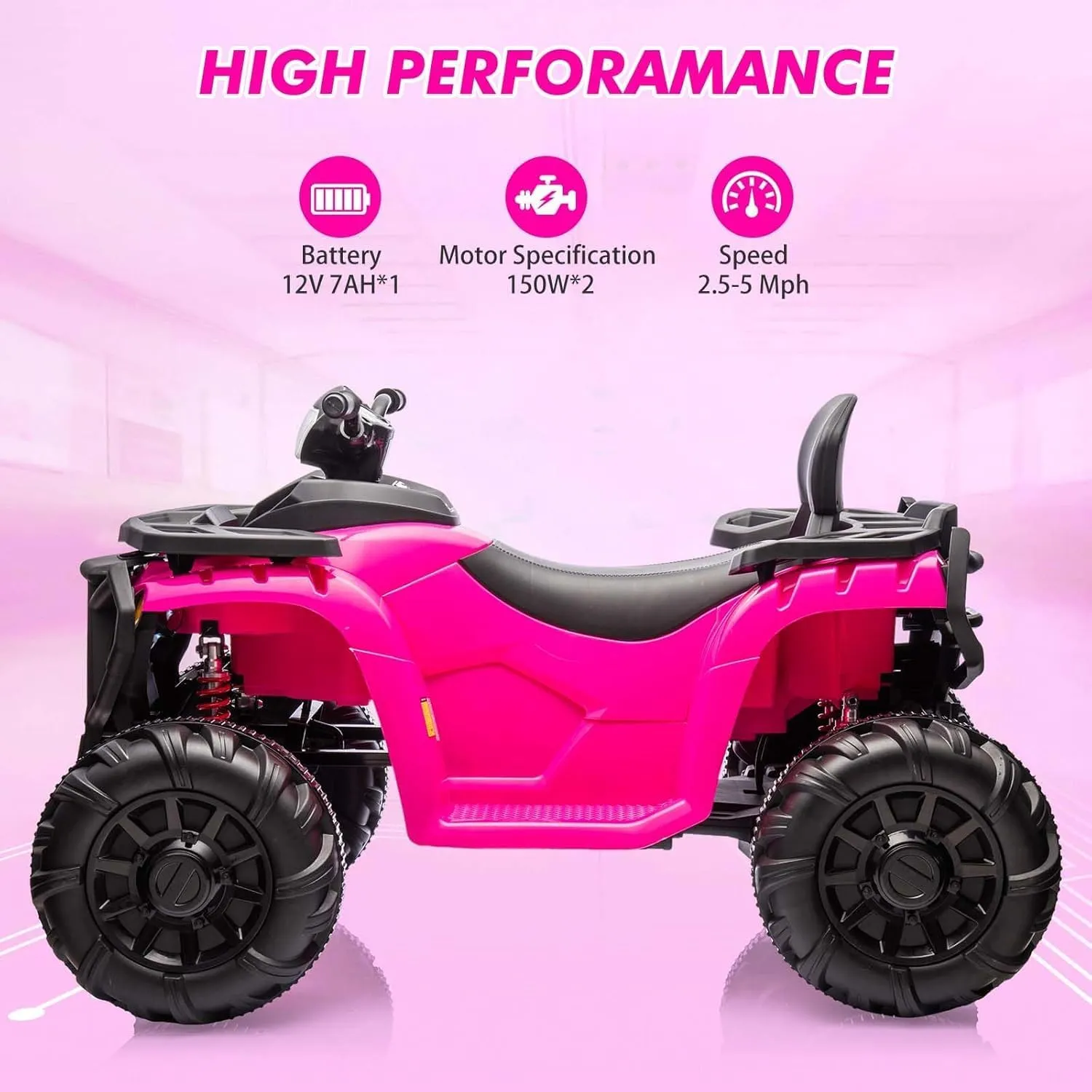 12V Kids ATV, Toddler Ride On Toy Car, 4-Wheeler Quad ATV, Electric Ride On ATV with Spring Suspension, LED Lights, 2 Speeds, Music for Boys Girls 3 , Pink