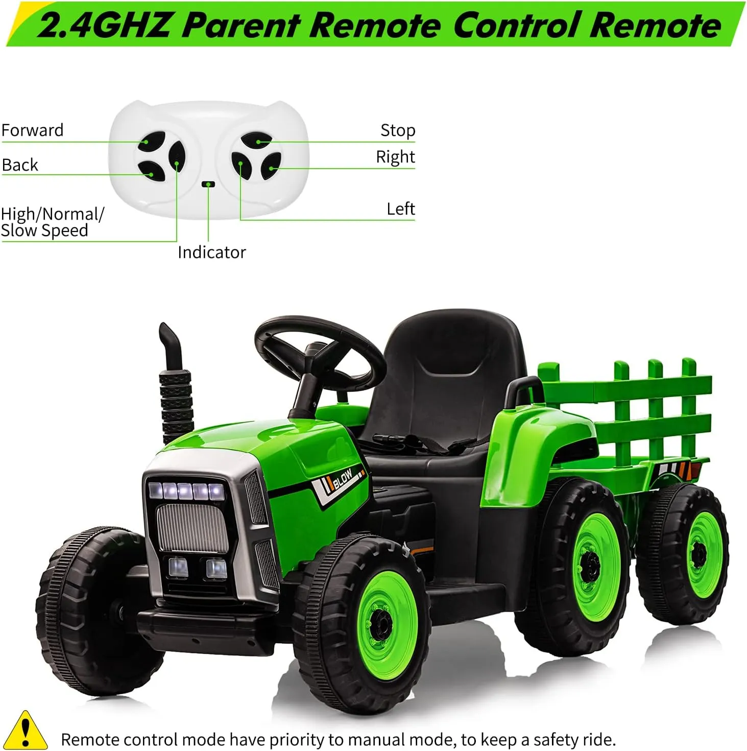 12V Kids Ride On Car Electric Tractor with Trailer for Toddlers Ride On Toy with Remote Control, 2 1 Gear Shift, EVA Treaded Tires, LED Headlights, Music, Green