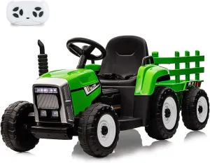 12V Kids Ride On Car Electric Tractor with Trailer for Toddlers Ride On Toy with Remote Control, 2 1 Gear Shift, EVA Treaded Tires, LED Headlights, Music, Green