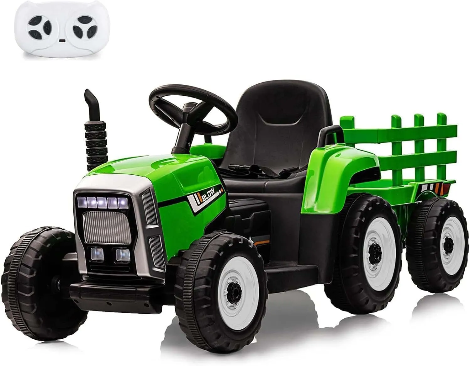 12V Kids Ride On Car Electric Tractor with Trailer for Toddlers Ride On Toy with Remote Control, 2 1 Gear Shift, EVA Treaded Tires, LED Headlights, Music, Green