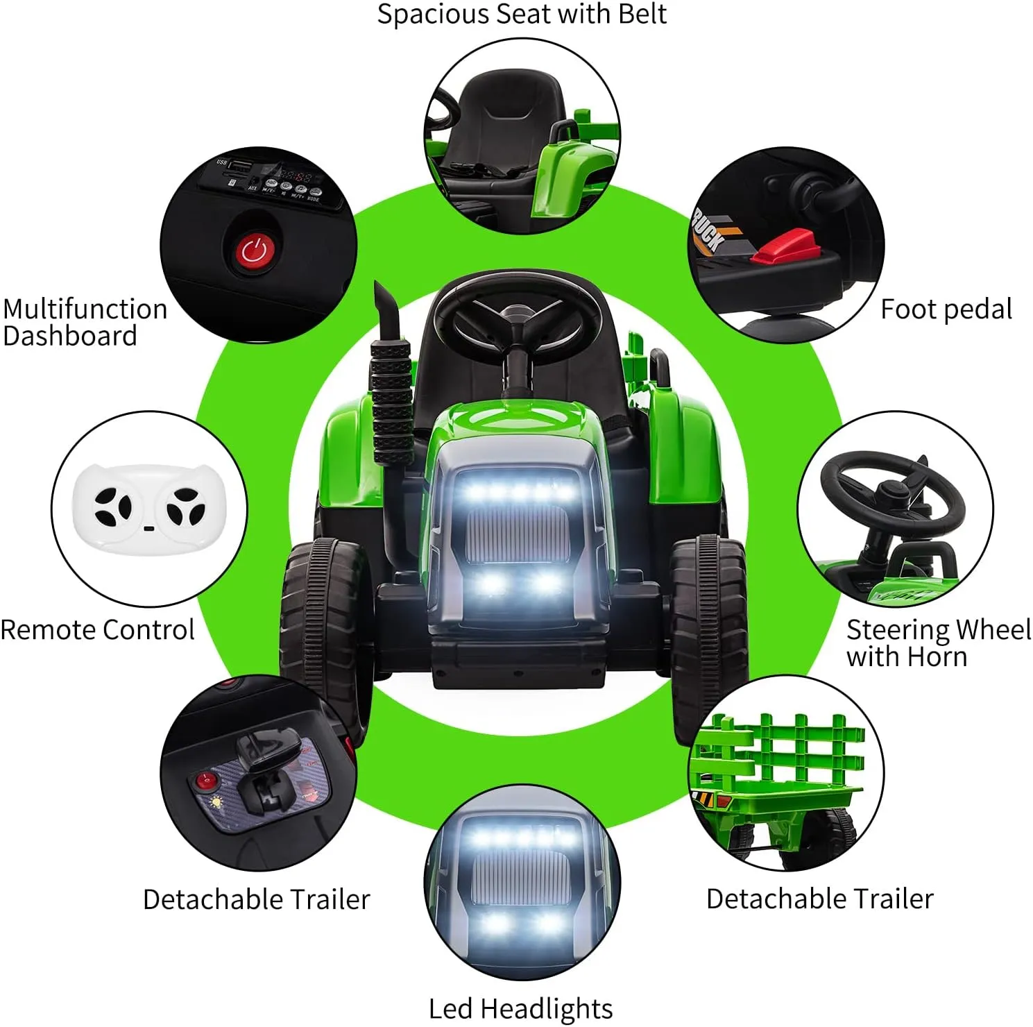 12V Kids Ride On Car Electric Tractor with Trailer for Toddlers Ride On Toy with Remote Control, 2 1 Gear Shift, EVA Treaded Tires, LED Headlights, Music, Green