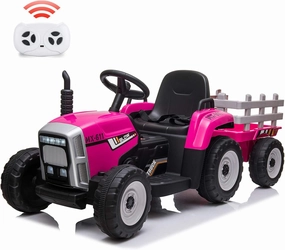 12V Kids Battery Powered Electric Tractor with Trailer, Toddler Ride On Car w/Remote Control, 7-LED Headlights, 2 1 Gear Shift, MP3 Player USB Port for Kids 3-6 Years (Rose, 25W/ Tread Tire)
