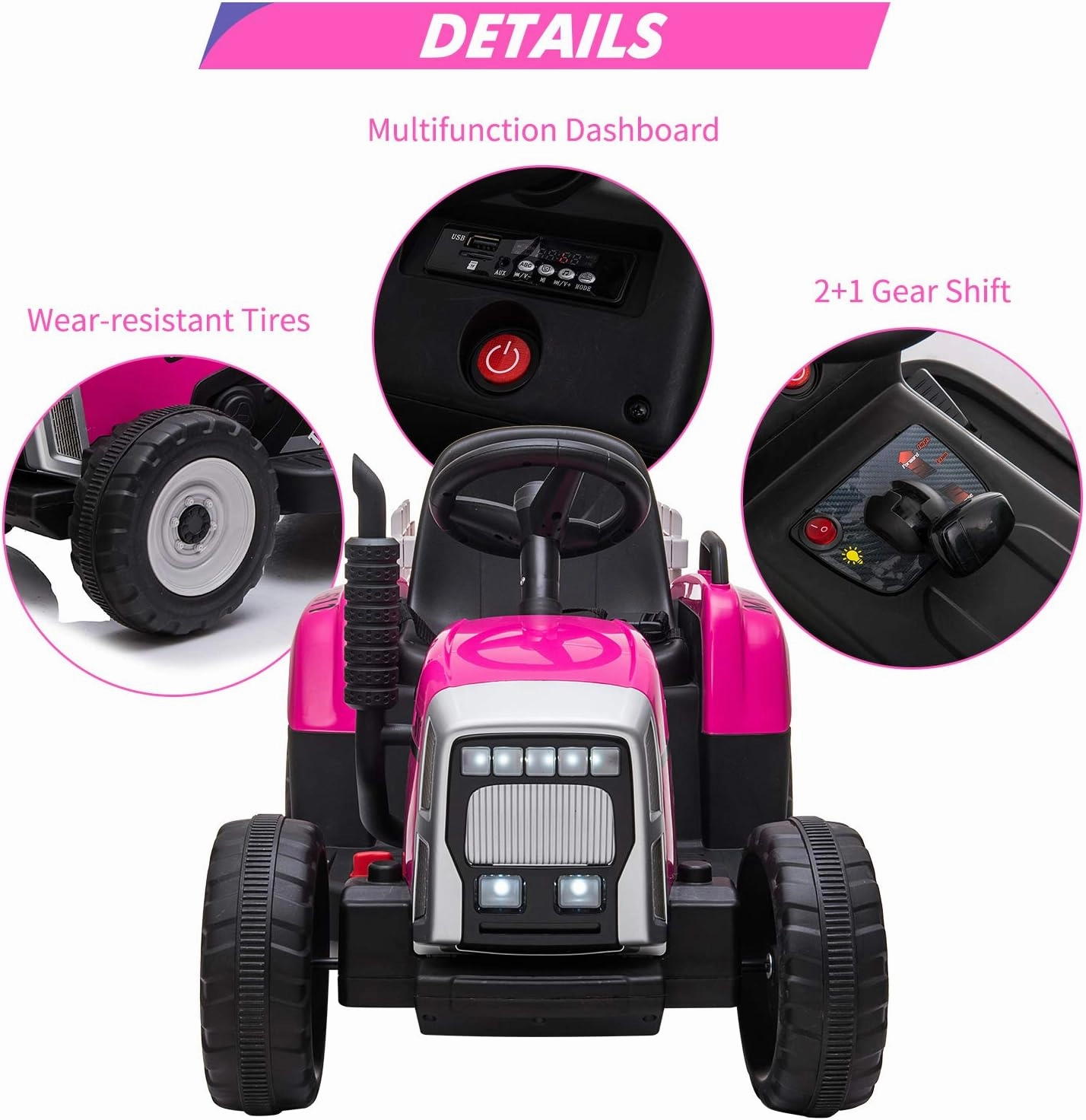 12V Kids Battery Powered Electric Tractor with Trailer, Toddler Ride On Car w/Remote Control, 7-LED Headlights, 2 1 Gear Shift, MP3 Player USB Port for Kids 3-6 Years (Rose, 25W/ Tread Tire)