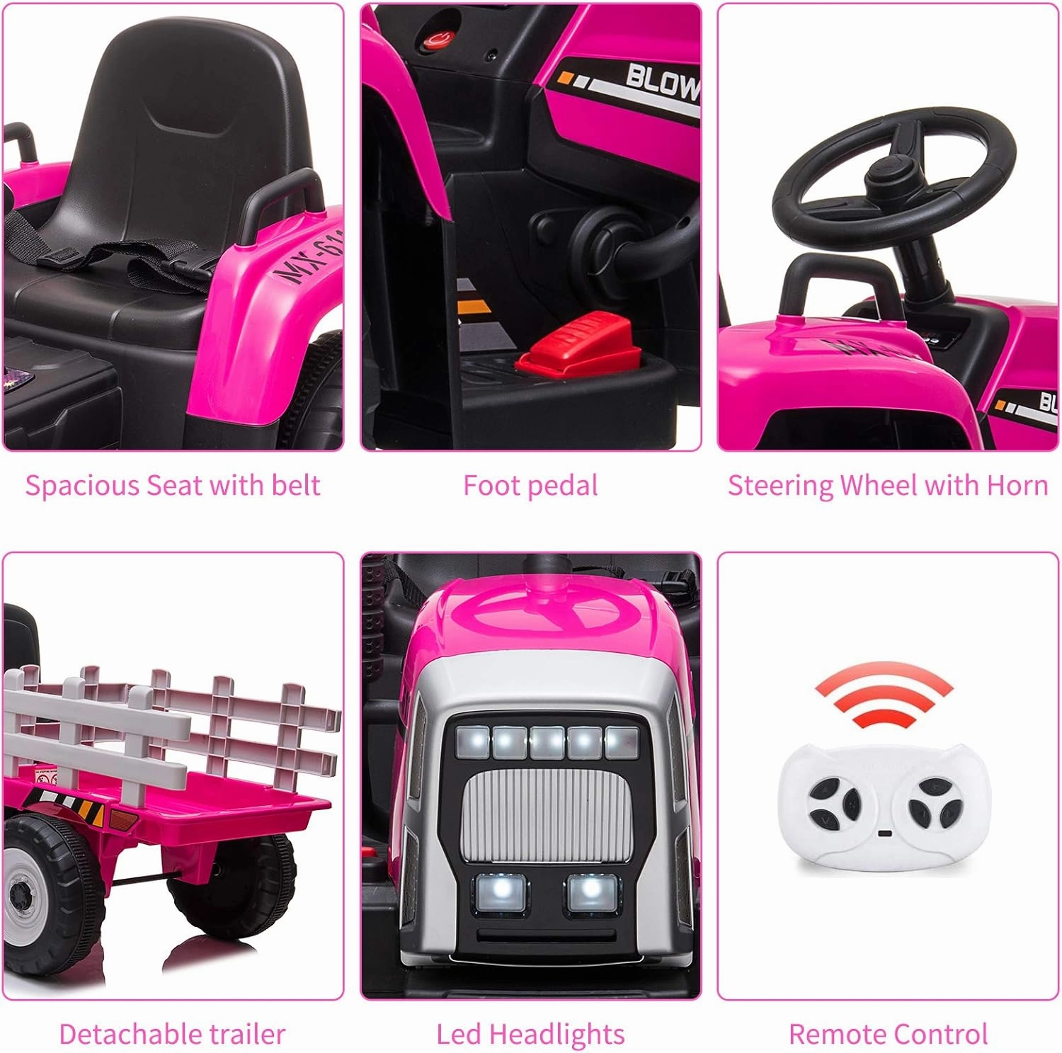 12V Kids Battery Powered Electric Tractor with Trailer, Toddler Ride On Car w/Remote Control, 7-LED Headlights, 2 1 Gear Shift, MP3 Player USB Port for Kids 3-6 Years (Rose, 25W/ Tread Tire)