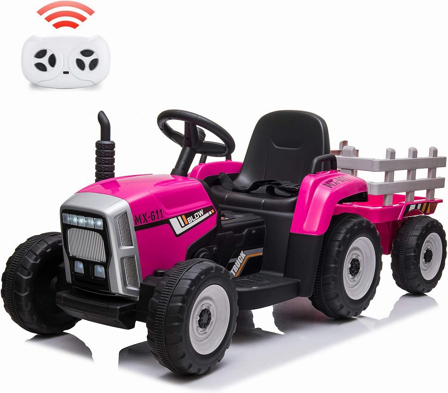 12V Kids Battery Powered Electric Tractor with Trailer, Toddler Ride On Car w/Remote Control, 7-LED Headlights, 2 1 Gear Shift, MP3 Player USB Port for Kids 3-6 Years (Rose, 25W/ Tread Tire)