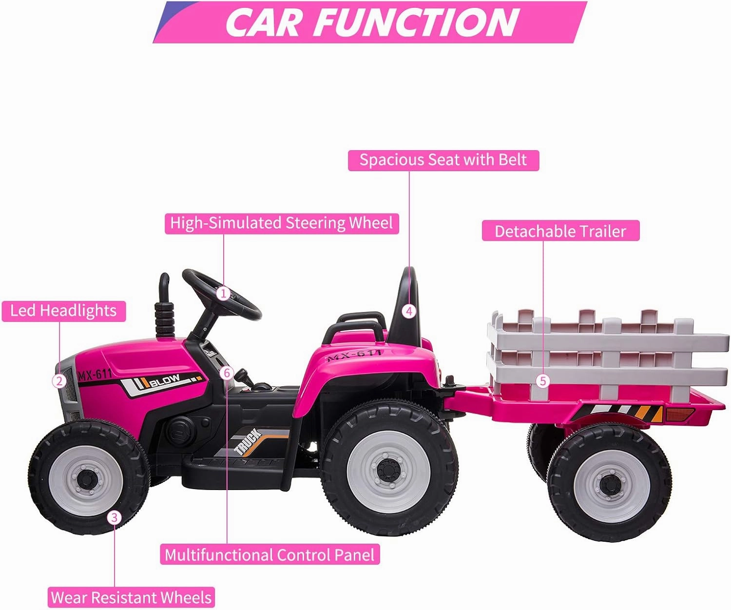 12V Kids Battery Powered Electric Tractor with Trailer, Toddler Ride On Car w/Remote Control, 7-LED Headlights, 2 1 Gear Shift, MP3 Player USB Port for Kids 3-6 Years (Rose, 25W/ Tread Tire)