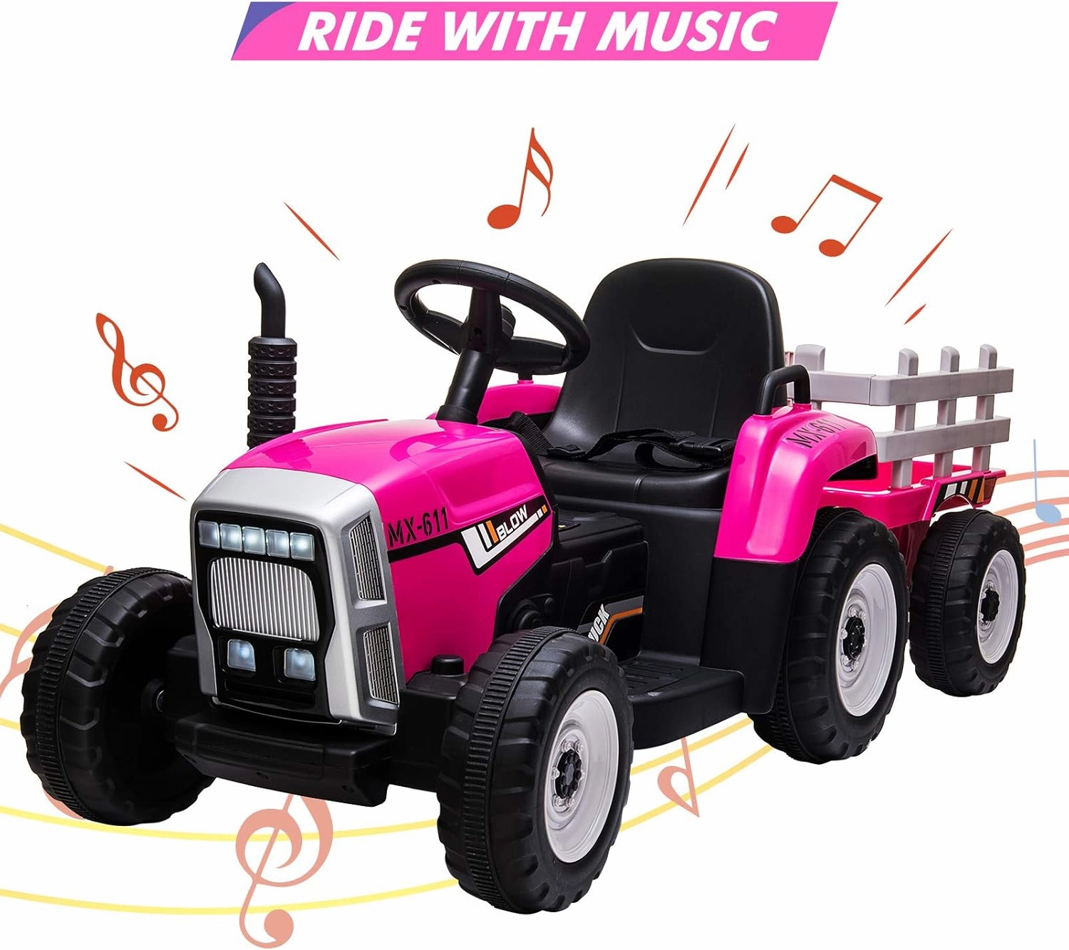 12V Kids Battery Powered Electric Tractor with Trailer, Toddler Ride On Car w/Remote Control, 7-LED Headlights, 2 1 Gear Shift, MP3 Player USB Port for Kids 3-6 Years (Rose, 25W/ Tread Tire)