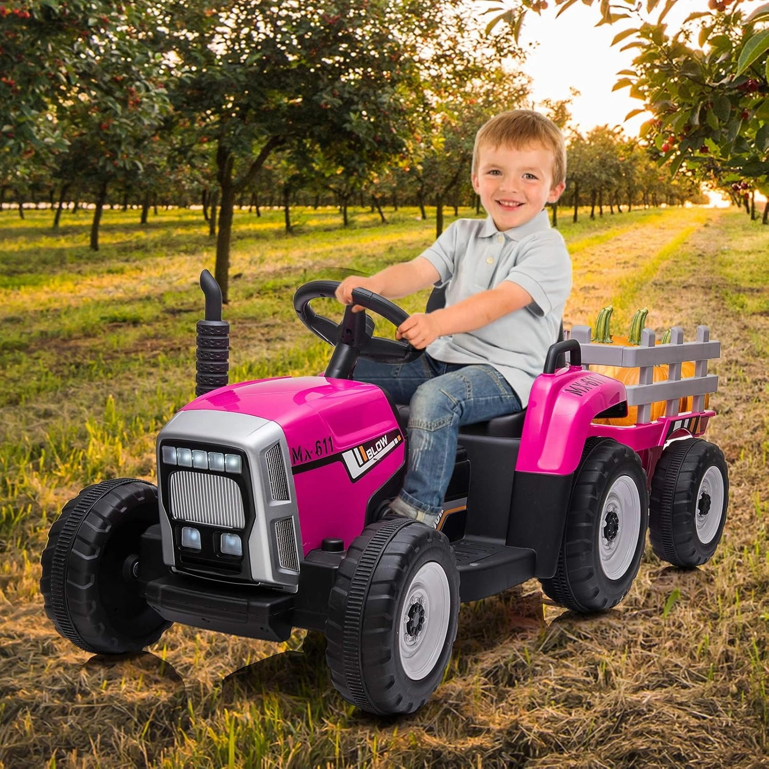12V Kids Battery Powered Electric Tractor with Trailer, Toddler Ride On Car w/Remote Control, 7-LED Headlights, 2 1 Gear Shift, MP3 Player USB Port for Kids 3-6 Years (Rose, 25W/ Tread Tire)