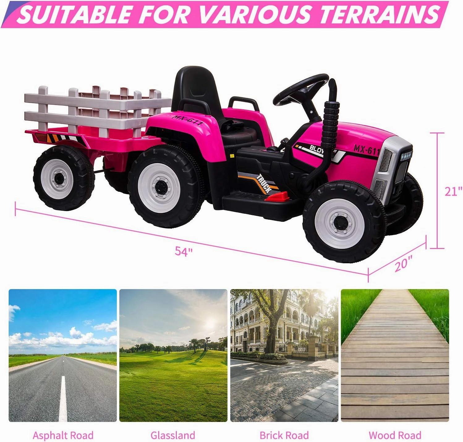12V Kids Battery Powered Electric Tractor with Trailer, Toddler Ride On Car w/Remote Control, 7-LED Headlights, 2 1 Gear Shift, MP3 Player USB Port for Kids 3-6 Years (Rose, 25W/ Tread Tire)