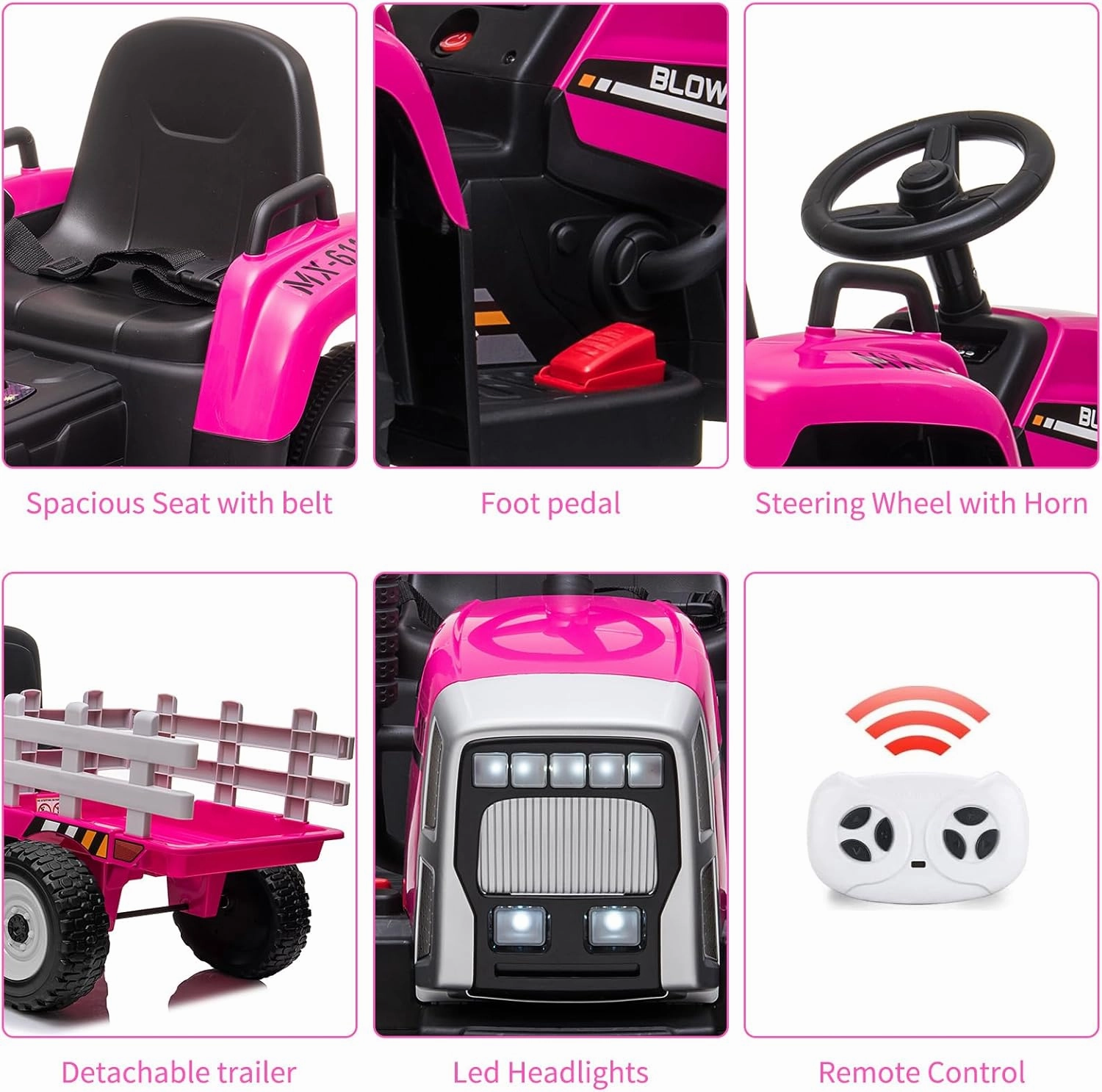 12V Kids Battery Powered Electric Tractor with Trailer, Toddler Ride On Car w/Remote Control/ 7-LED Headlights/ 2 1 Gear Shift/ MP3 Player/USB Port for Kids 3-6 Years (Rose, 35W/ EVA Tire)