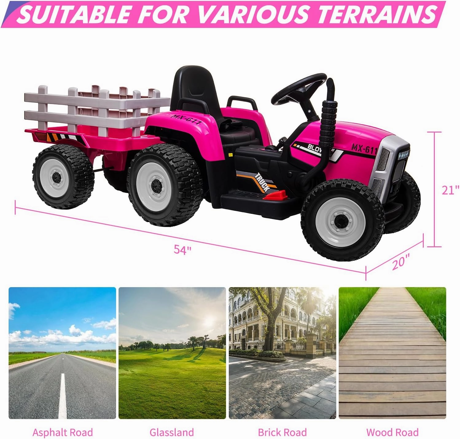 12V Kids Battery Powered Electric Tractor with Trailer, Toddler Ride On Car w/Remote Control/ 7-LED Headlights/ 2 1 Gear Shift/ MP3 Player/USB Port for Kids 3-6 Years (Rose, 35W/ EVA Tire)