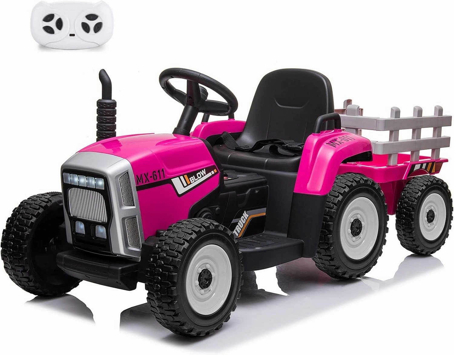 12V Kids Battery Powered Electric Tractor with Trailer, Toddler Ride On Car w/Remote Control/ 7-LED Headlights/ 2 1 Gear Shift/ MP3 Player/USB Port for Kids 3-6 Years (Rose, 35W/ EVA Tire)