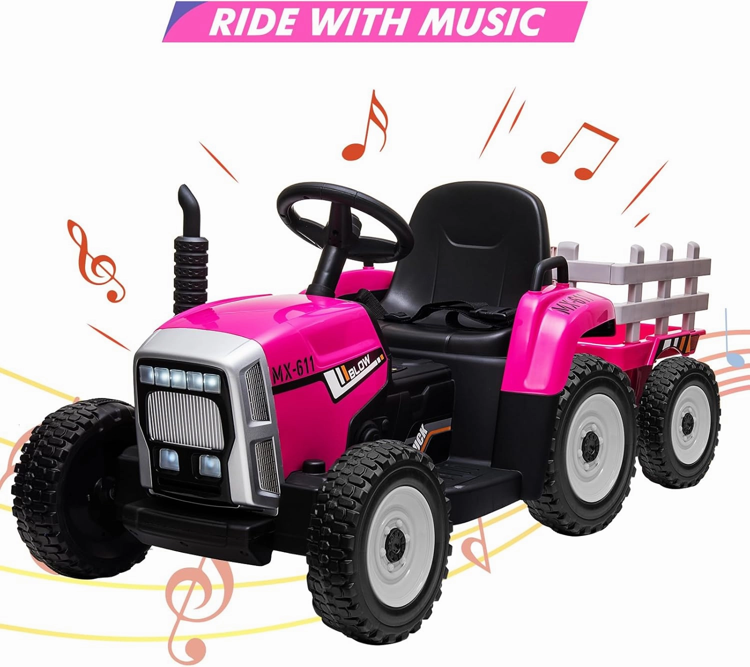 12V Kids Battery Powered Electric Tractor with Trailer, Toddler Ride On Car w/Remote Control/ 7-LED Headlights/ 2 1 Gear Shift/ MP3 Player/USB Port for Kids 3-6 Years (Rose, 35W/ EVA Tire)
