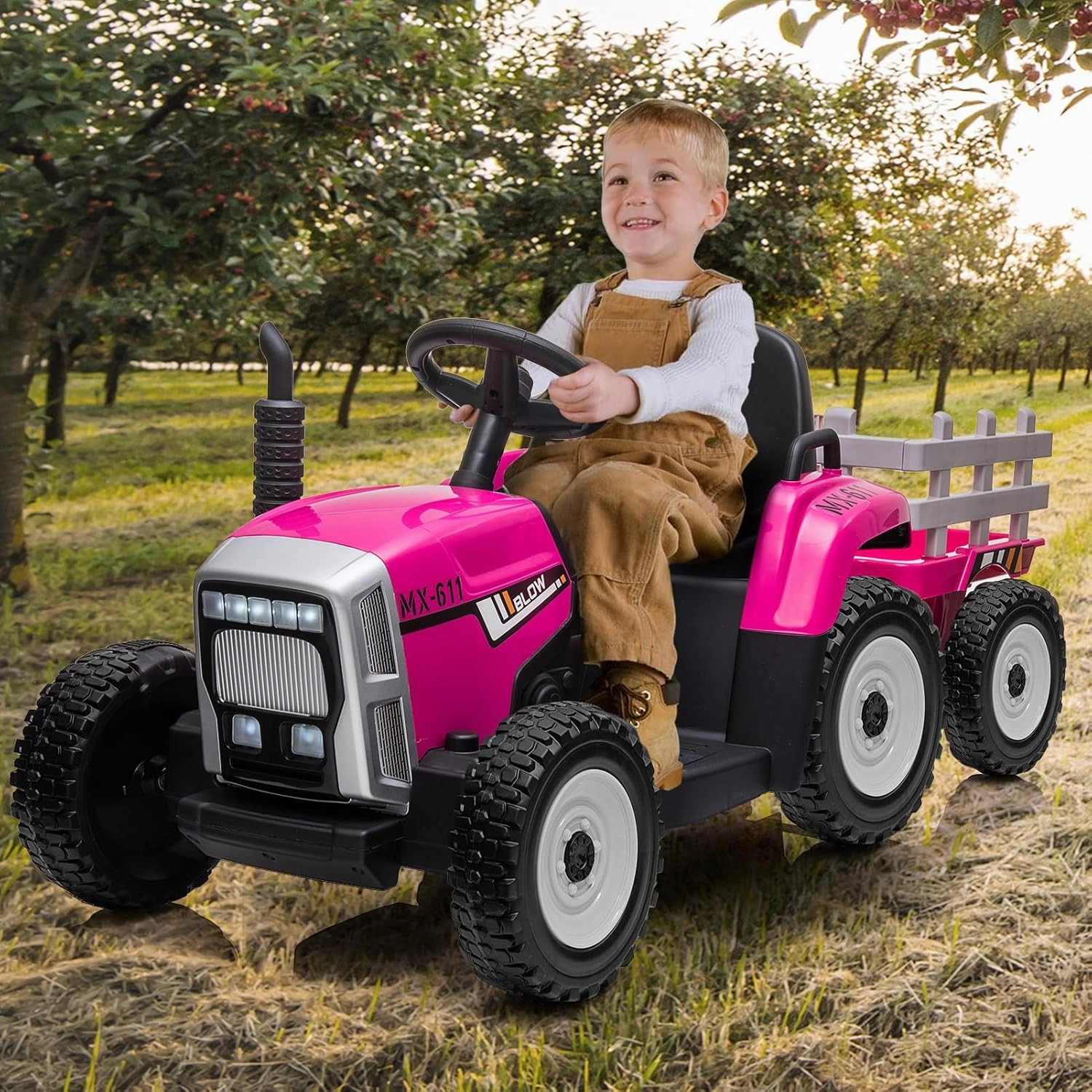 12V Kids Battery Powered Electric Tractor with Trailer, Toddler Ride On Car w/Remote Control/ 7-LED Headlights/ 2 1 Gear Shift/ MP3 Player/USB Port for Kids 3-6 Years (Rose, 35W/ EVA Tire)