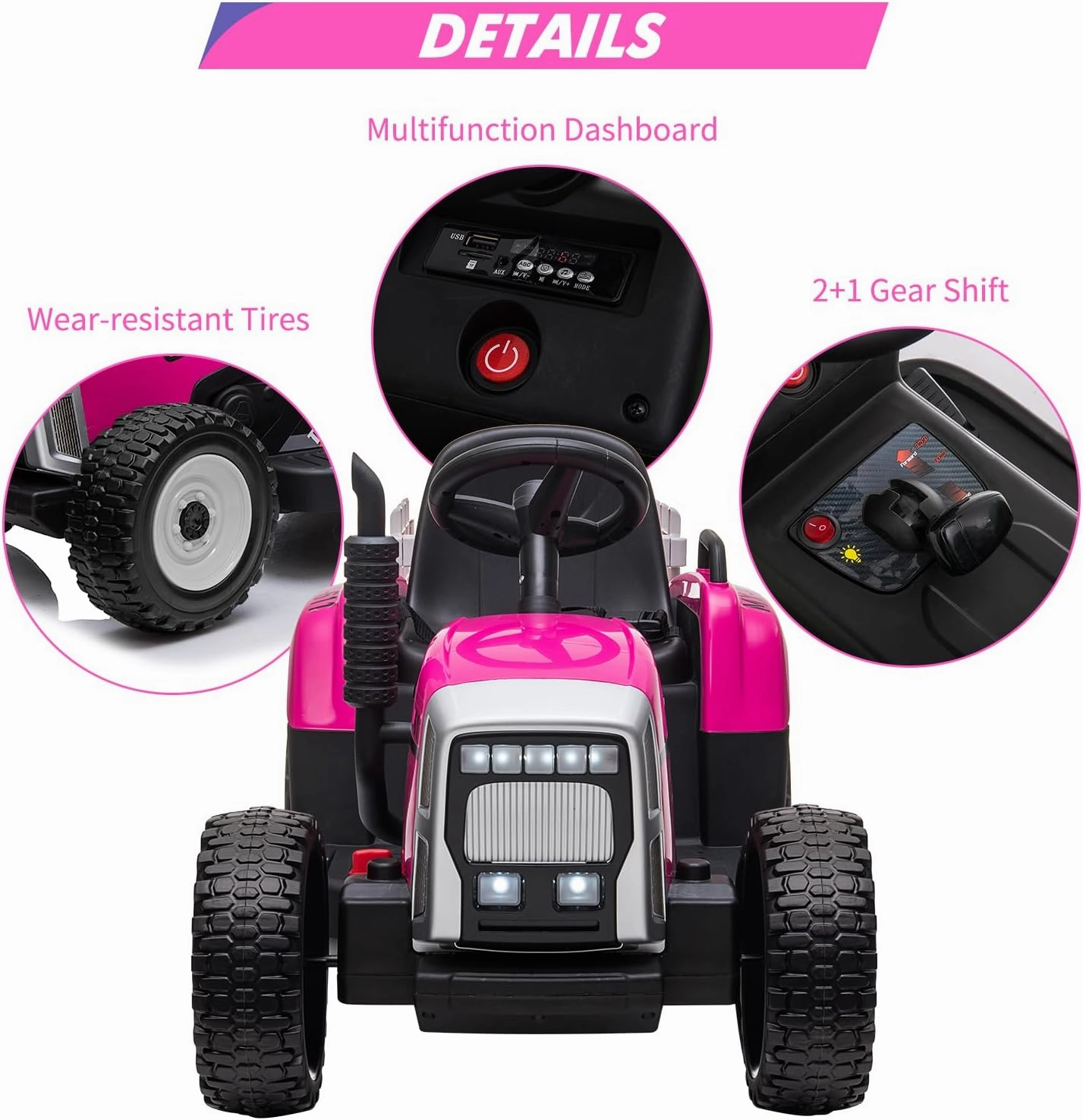 12V Kids Battery Powered Electric Tractor with Trailer, Toddler Ride On Car w/Remote Control/ 7-LED Headlights/ 2 1 Gear Shift/ MP3 Player/USB Port for Kids 3-6 Years (Rose, 35W/ EVA Tire)
