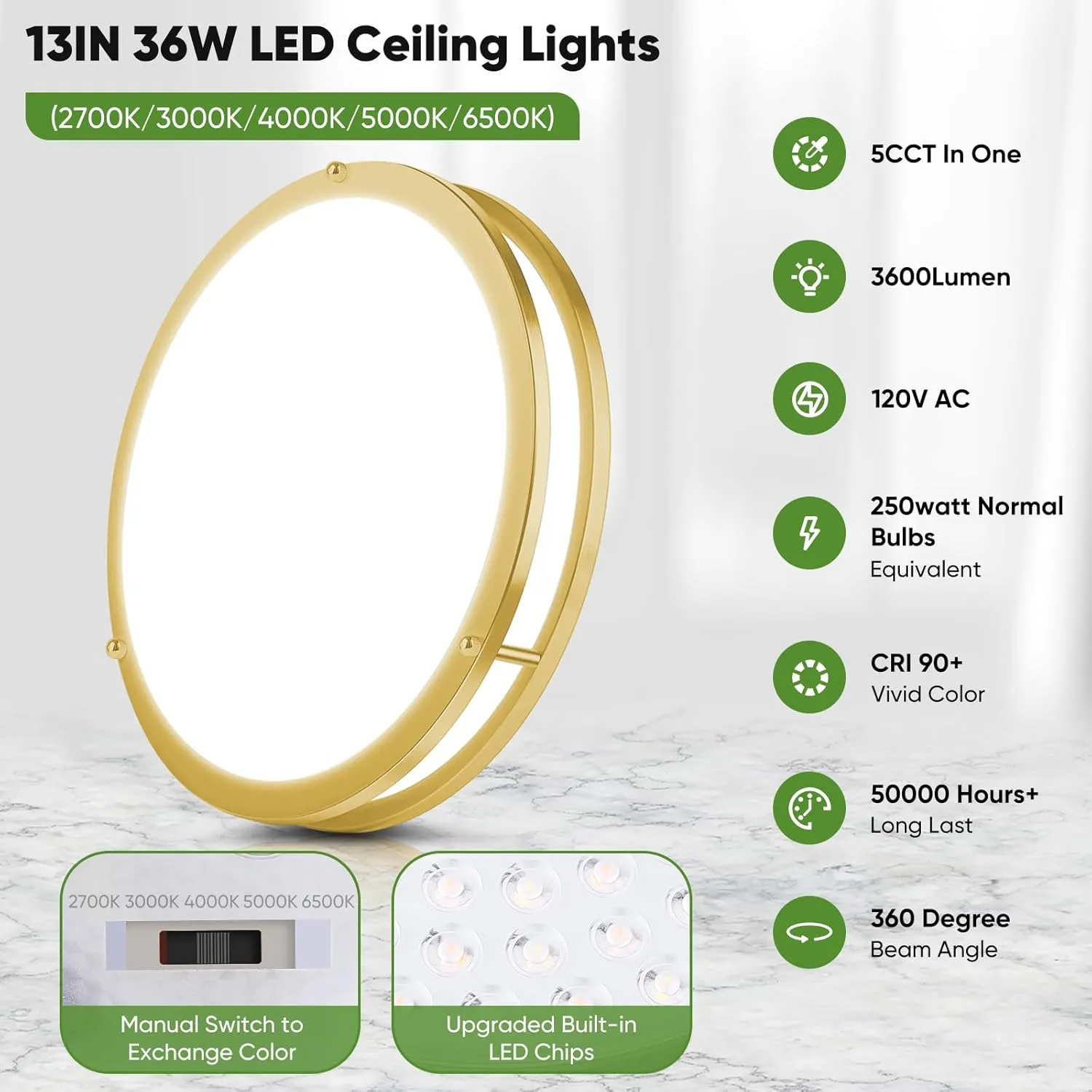 13 Inch LED Flush Mount Ceiling Light, Gold Kitchen Light Fixture with 2700K/3000K/4000K/5000K/6500K 5 Color Adjusted, Dimmable Modern Round LED Light for Bedroom Bathroom Living Room Laundry, 1-Pack