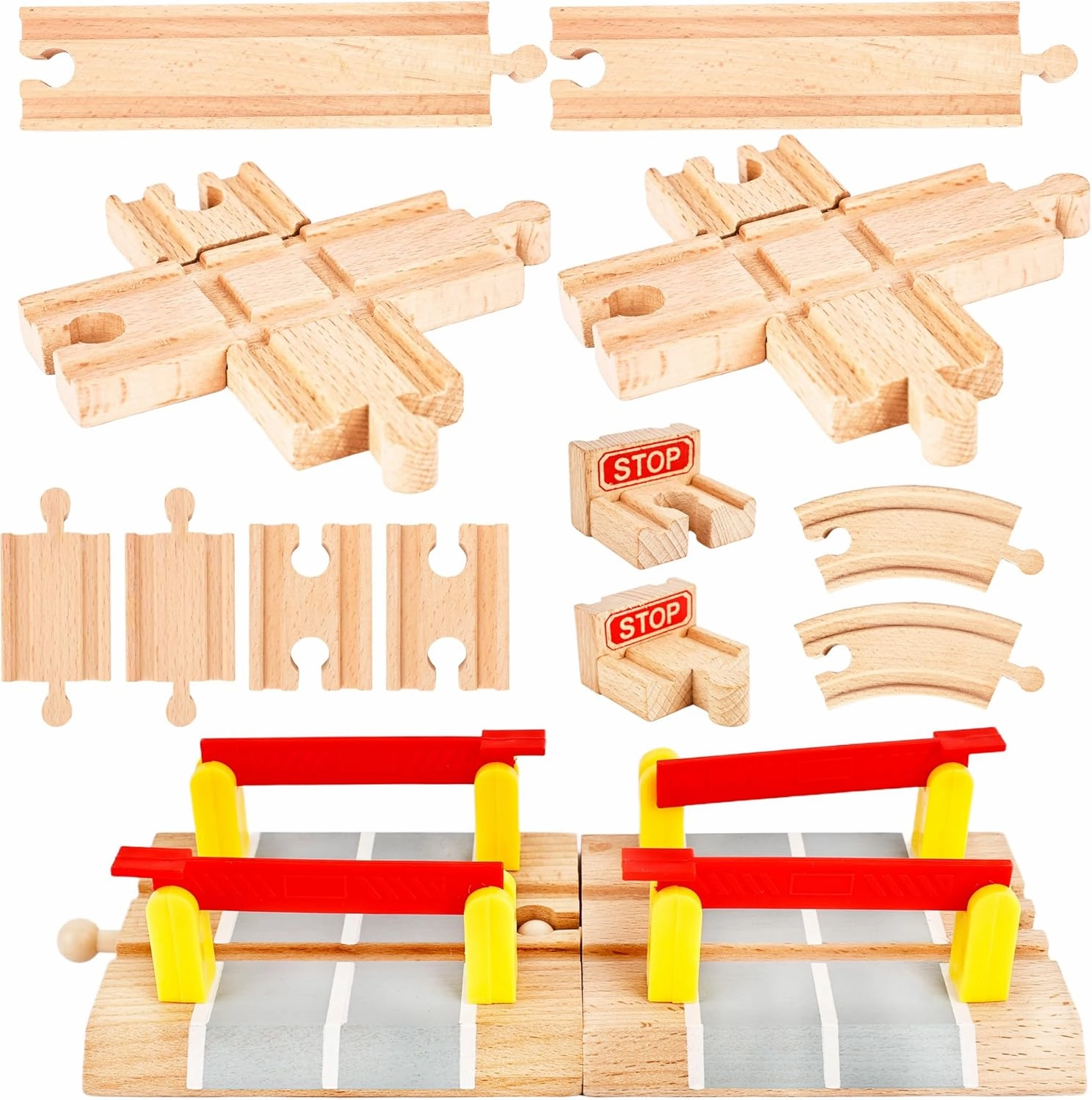 14 Pack Wooden Train Track Expansion Male Female Bumpers Track Wooden Train Bridge Straight Wooden Tracks Accessories Compatible with Railroad Track Set