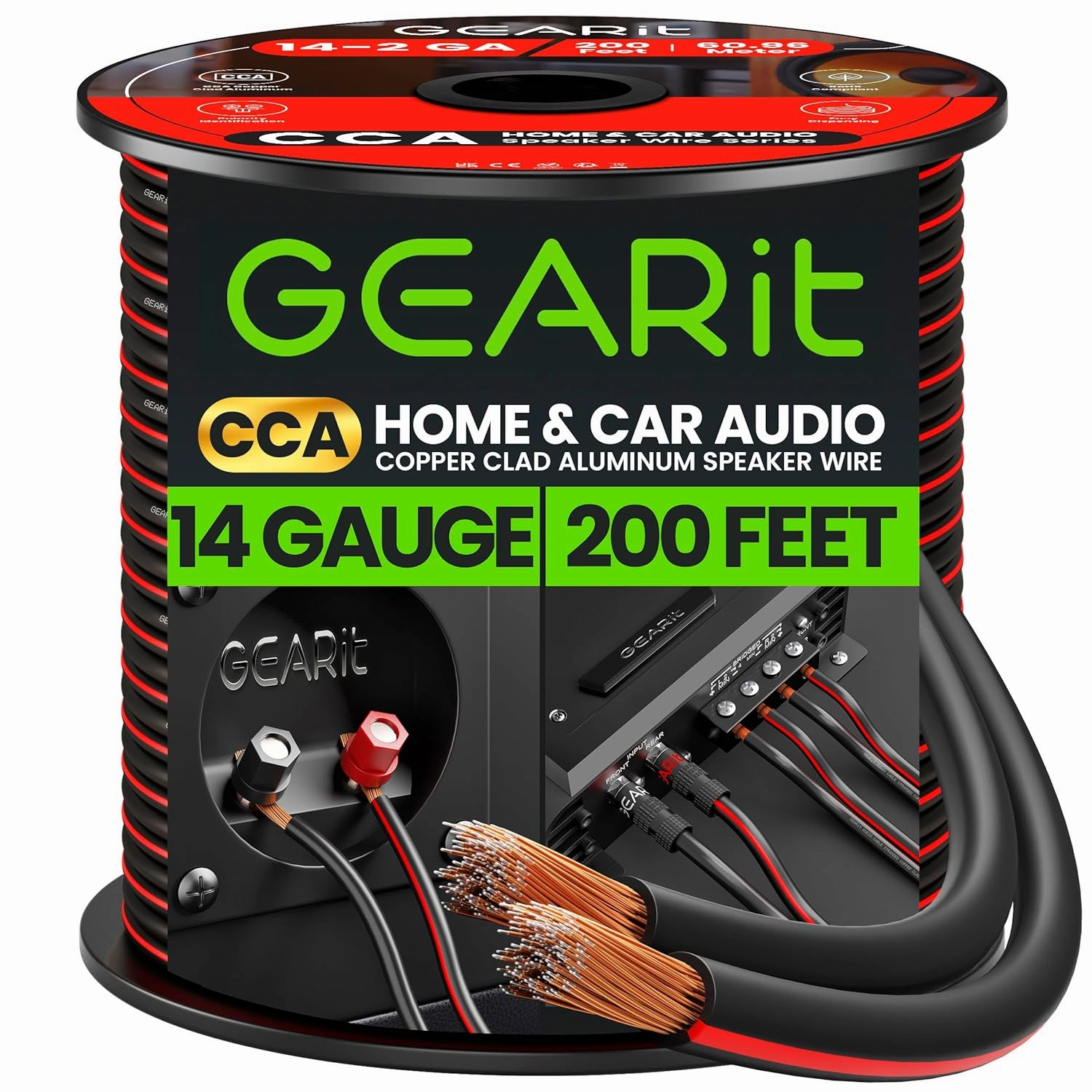14AWG Speaker Wire, GearIT Pro Series 14 AWG Gauge Speaker Wire Cable (200 Feet / 60.9 Meters) Great Use for Home Theater Speakers and Car Speakers Black