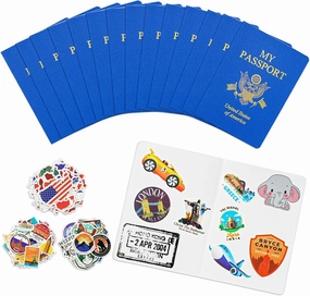 15 Pcs Fake Passport Book for Kids with 150 Non-Repeating Stickers (Including 3 Themes), Suitable for Party Favors, Scrapbooking, Arts and Crafts, School Supplies, Wall Stickers