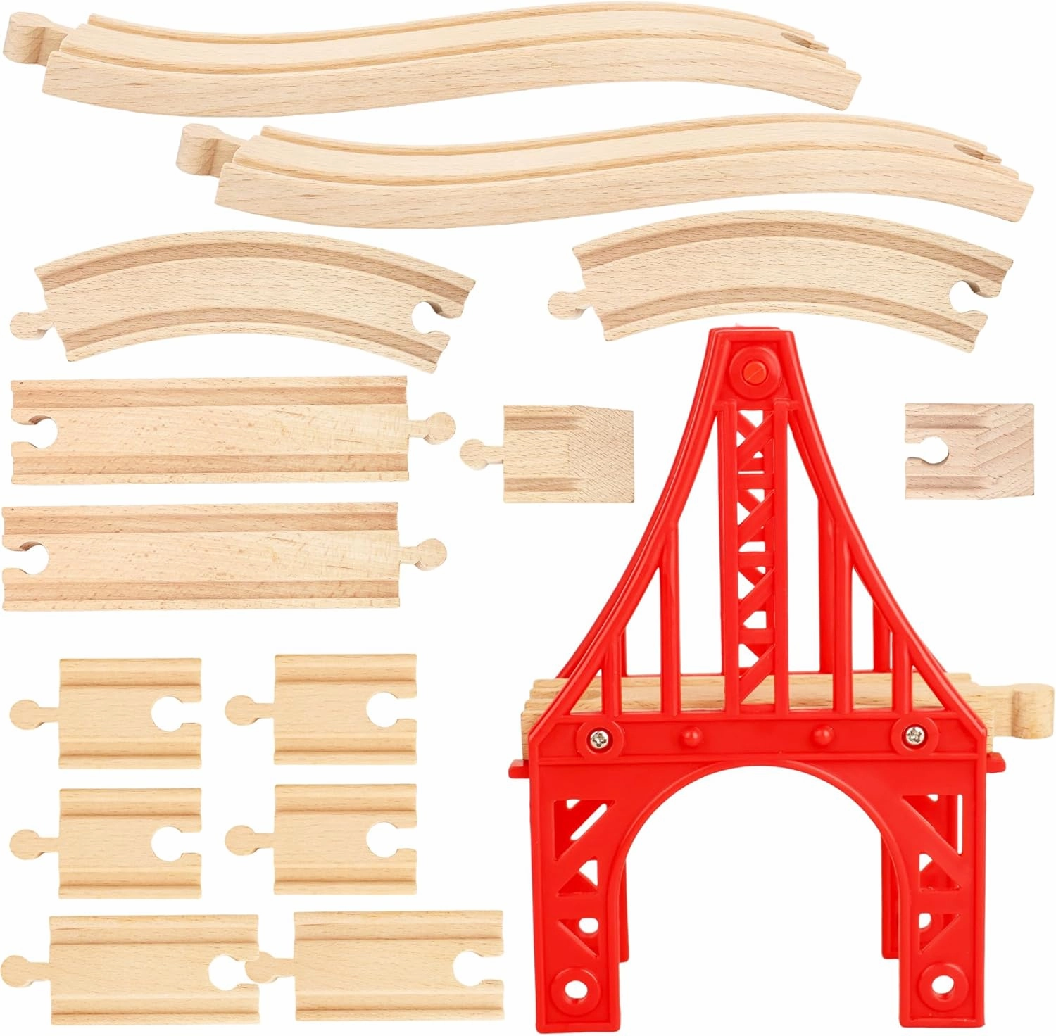 15 Pcs Wooden Train Bridges Track Wood Suspension Bridge Tracks Bulk Straight Wooden Tracks Accessories Compatible with All Major Railway Track