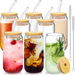 16 Oz Drinking Glasses with Bamboo Lids and Glass Straw - 8 Pcs Glass Cups Beer Ice Coffee Glasses Cute Aesthetic Cup Great for Coffee Bar Accessories Include 2 Cleaning Brushes