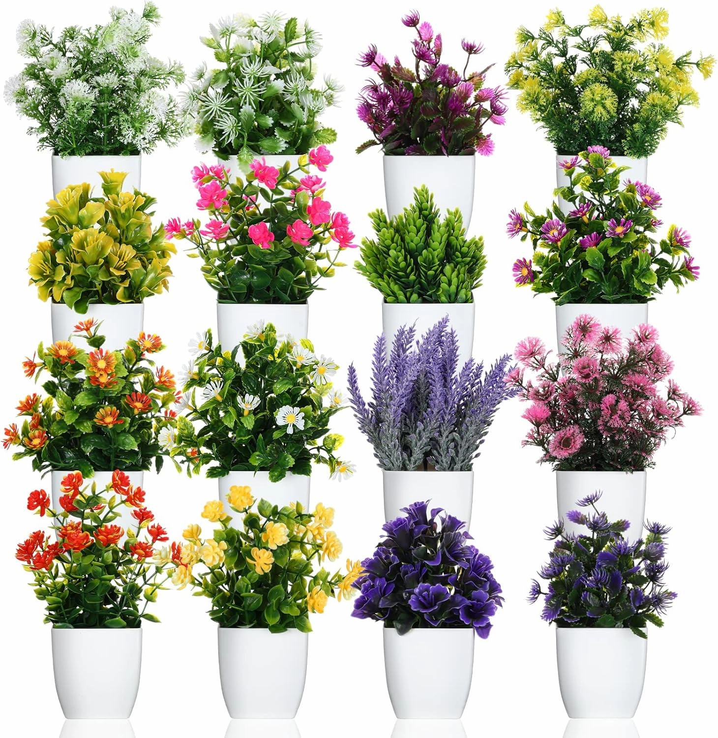 16 Pcs Small Fake Plants Artificial Potted Plants Faux House Plants Mini Pot Plastic Flowers for Indoor Outdoor Home Kitchen Office Desktop Wedding Decor