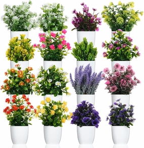 16 Pcs Small Fake Plants Artificial Potted Plants Faux House Plants Mini Pot Plastic Flowers for Indoor Outdoor Home Kitchen Office Desktop Wedding Decor
