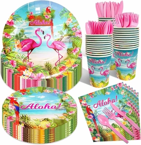 175 Pcs Aloha Tropical Flamingo Party Supplies Set - Serves 25, Hawaiian Luau Disposable Tableware, Includes Plates, Cups, Napkins, Forks, Spoons, Knives for Summer Beach Birthday Pool Decorations