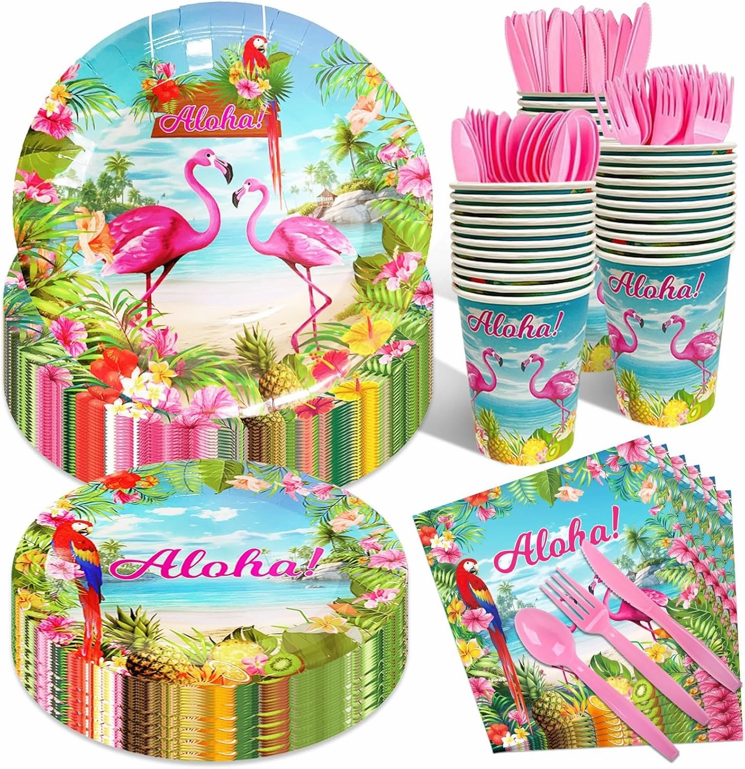 175 Pcs Aloha Tropical Flamingo Party Supplies Set - Serves 25, Hawaiian Luau Disposable Tableware, Includes Plates, Cups, Napkins, Forks, Spoons, Knives for Summer Beach Birthday Pool Decorations