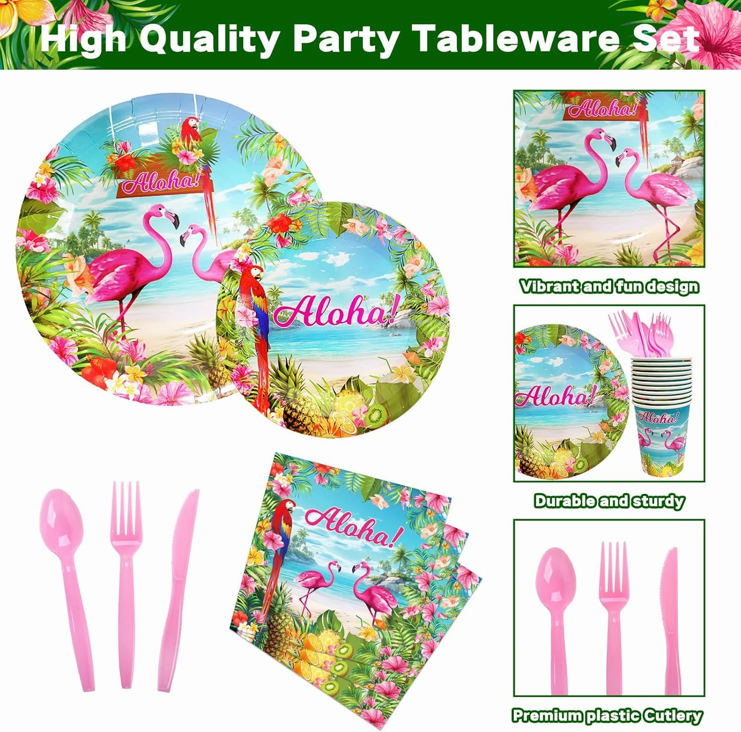 175 Pcs Aloha Tropical Flamingo Party Supplies Set - Serves 25, Hawaiian Luau Disposable Tableware, Includes Plates, Cups, Napkins, Forks, Spoons, Knives for Summer Beach Birthday Pool Decorations