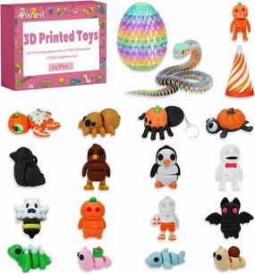 19 Pcs 3D Printed Snake & Animals Set, Medium 3d Printed Toys Articulated Fidget Toy, 11 Inch Snake in Egg, Halloween Fun Gift Stress Relief Desk Decor & Keys Pendant, Gift Birthday Party Xmas