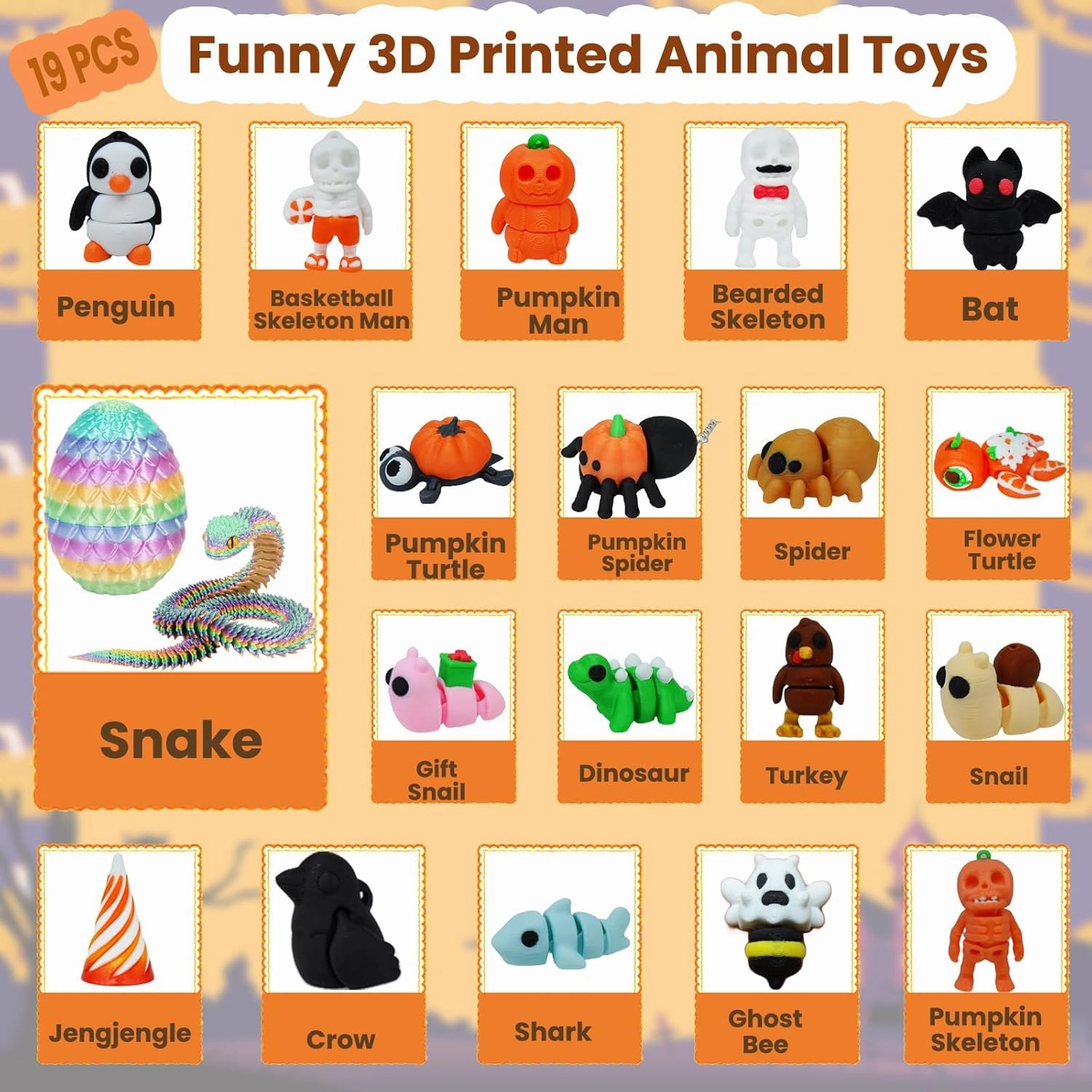 19 Pcs 3D Printed Snake & Animals Set, Medium 3d Printed Toys Articulated Fidget Toy, 11 Inch Snake in Egg, Halloween Fun Gift Stress Relief Desk Decor & Keys Pendant, Gift Birthday Party Xmas