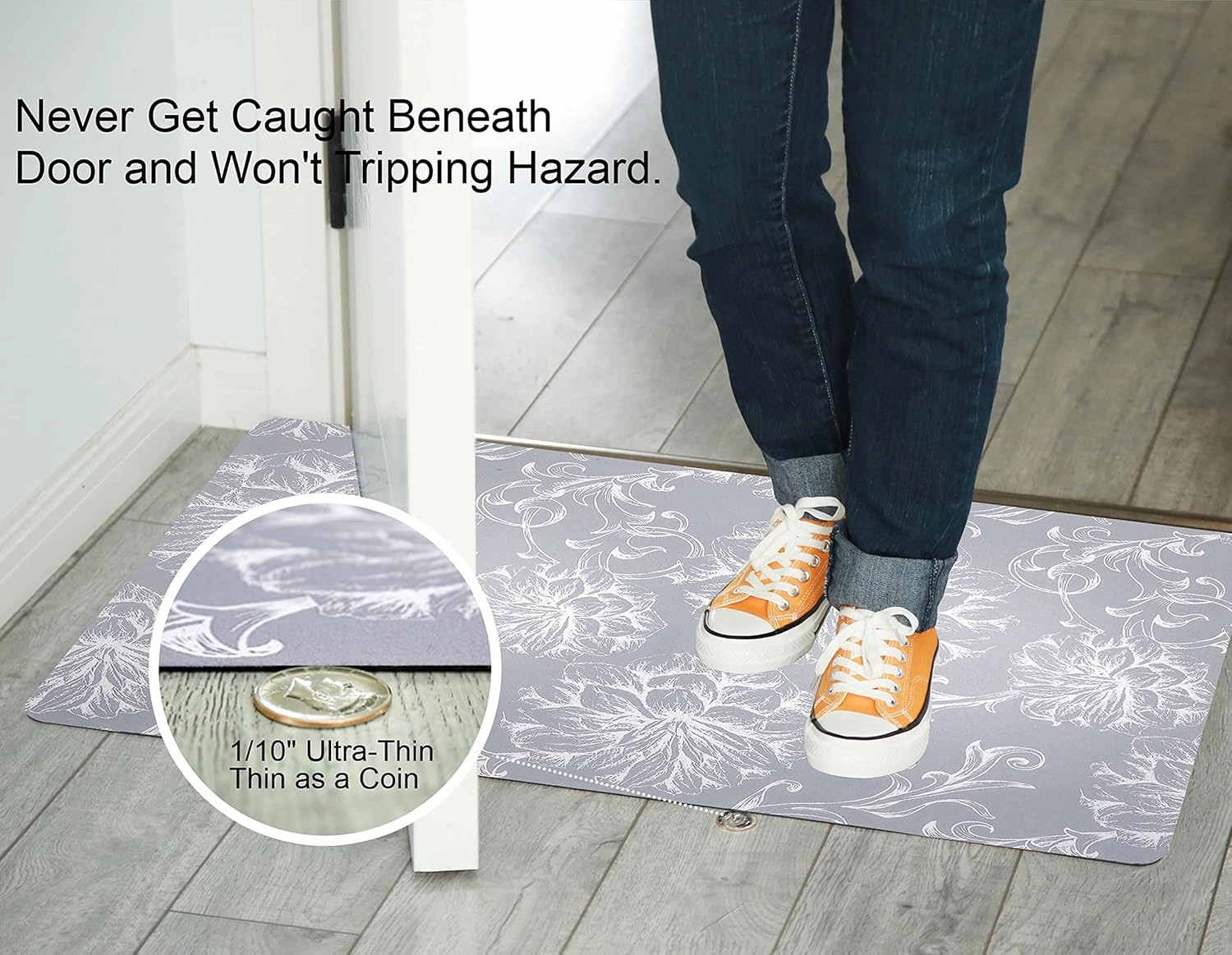 1/10 Inch Ultra Thin 24"×35" Large Front Door Mat Indoor Entrance Inside Non Slip, Waterproof Rubber Kitchen Mat and Interior Home Washable Door Mat, Baroque Grey