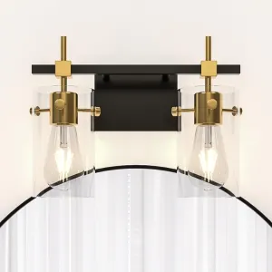 2-Light Bathroom Light Fixtures,Black and Gold Luxury Bathroom Vanity Lights with Clear Glass Shade for Mirror Kitchen Living Room Hallway Cabinet Porch